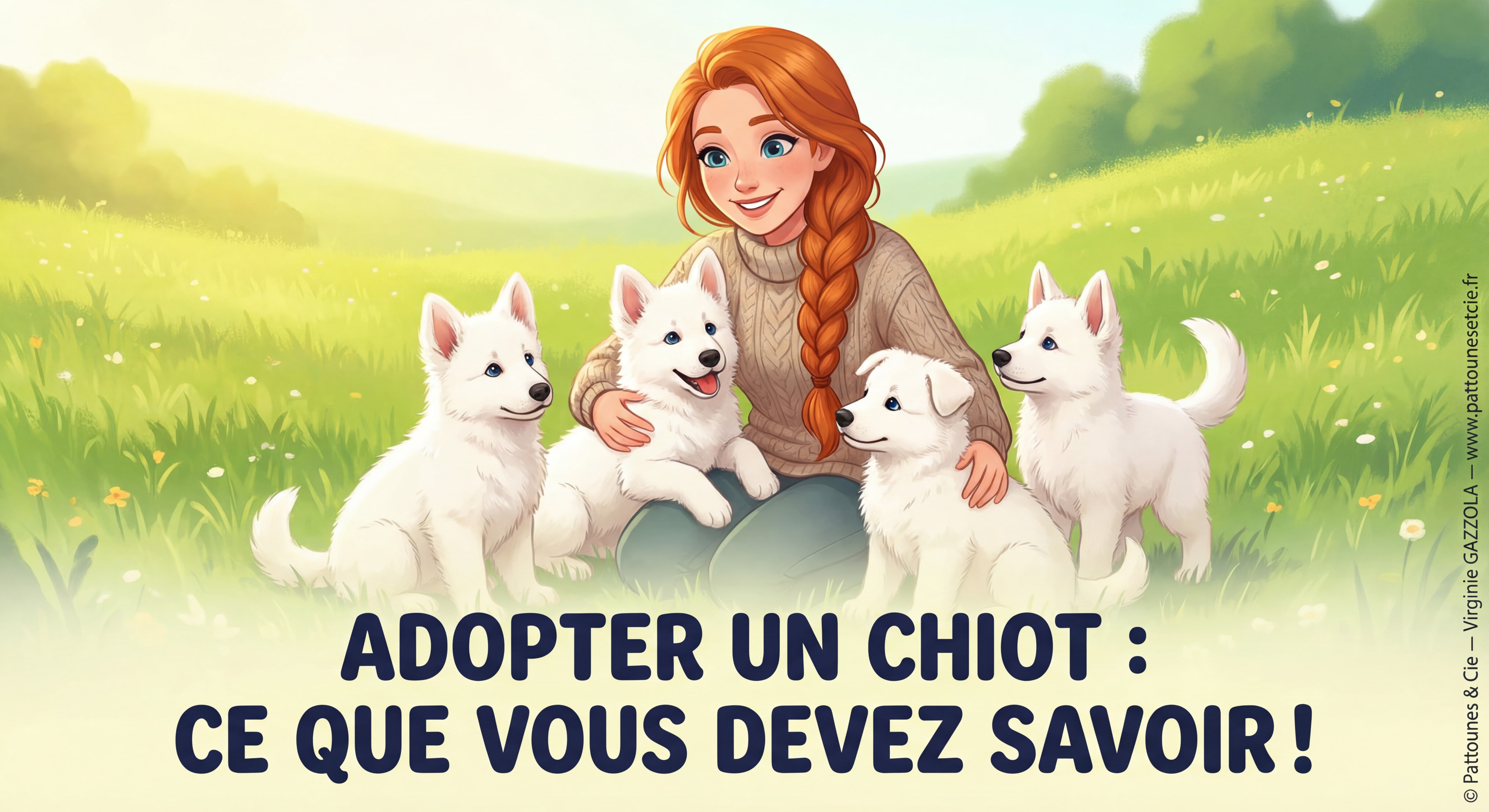 Femme rousse aux cheveux longs tressés et aux yeux bleus entourée de chiots Berger Blanc Suisse — titre ADOPTER UN CHIOT : CE QUE VOUS DEVEZ SAVOIR ! en grand en bas — filigrane © Pattounes & Cie — Virginie GAZZOLA — illustration professionnelle colorée — signature © Pattounes & Cie — Virginie GAZZOLA — www.pattounesetcie.fr