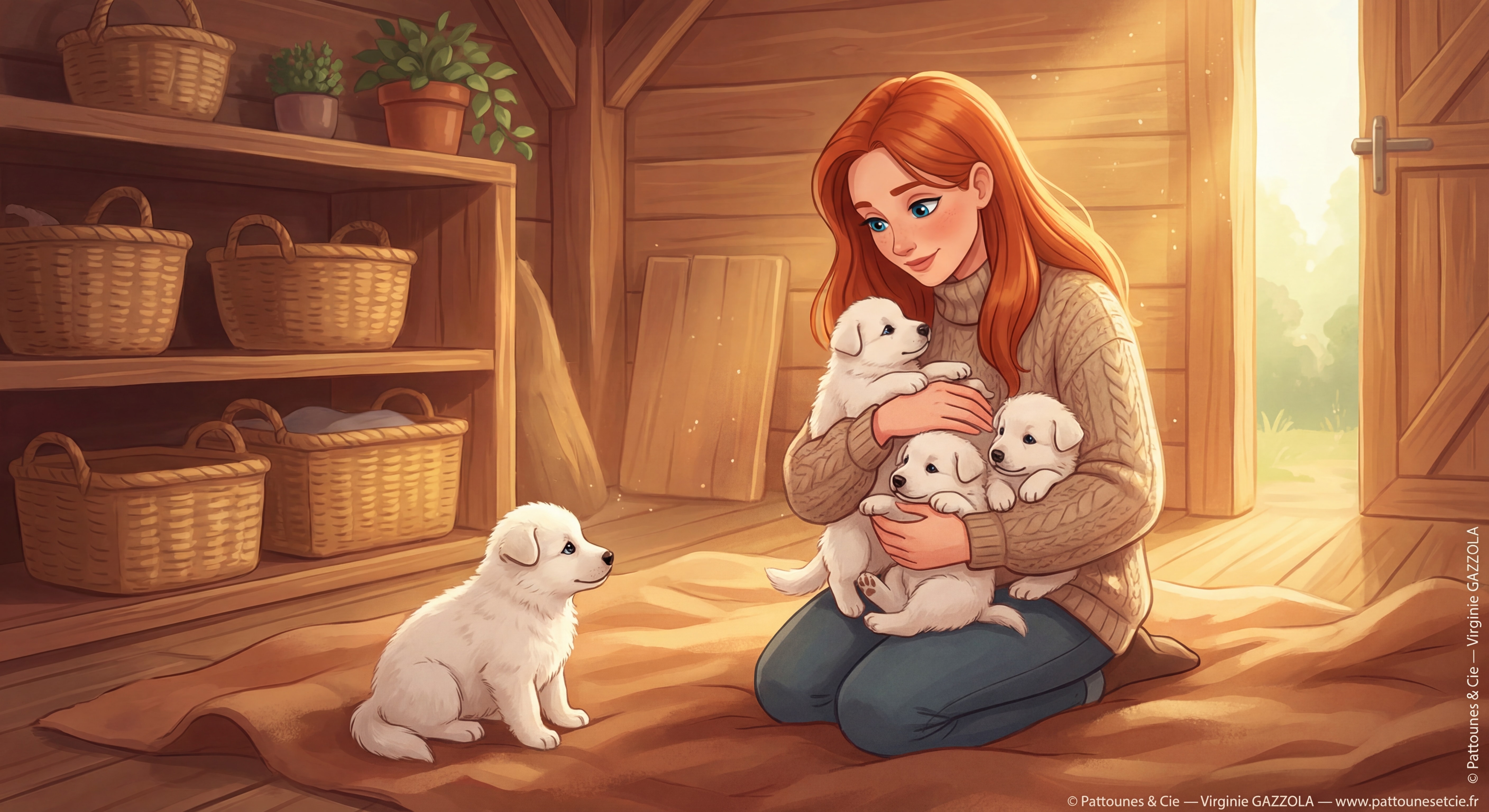 Éleveuse rousse aux yeux bleus en train de s'occuper tendrement de chiots Berger Blanc Suisse nouveau-nés dans un élevage bienveillant et chaleureux — style illustration colorée professionnelle — filigrane © Pattounes & Cie — Virginie GAZZOLA — signature © Pattounes & Cie — Virginie GAZZOLA — www.pattounesetcie.fr