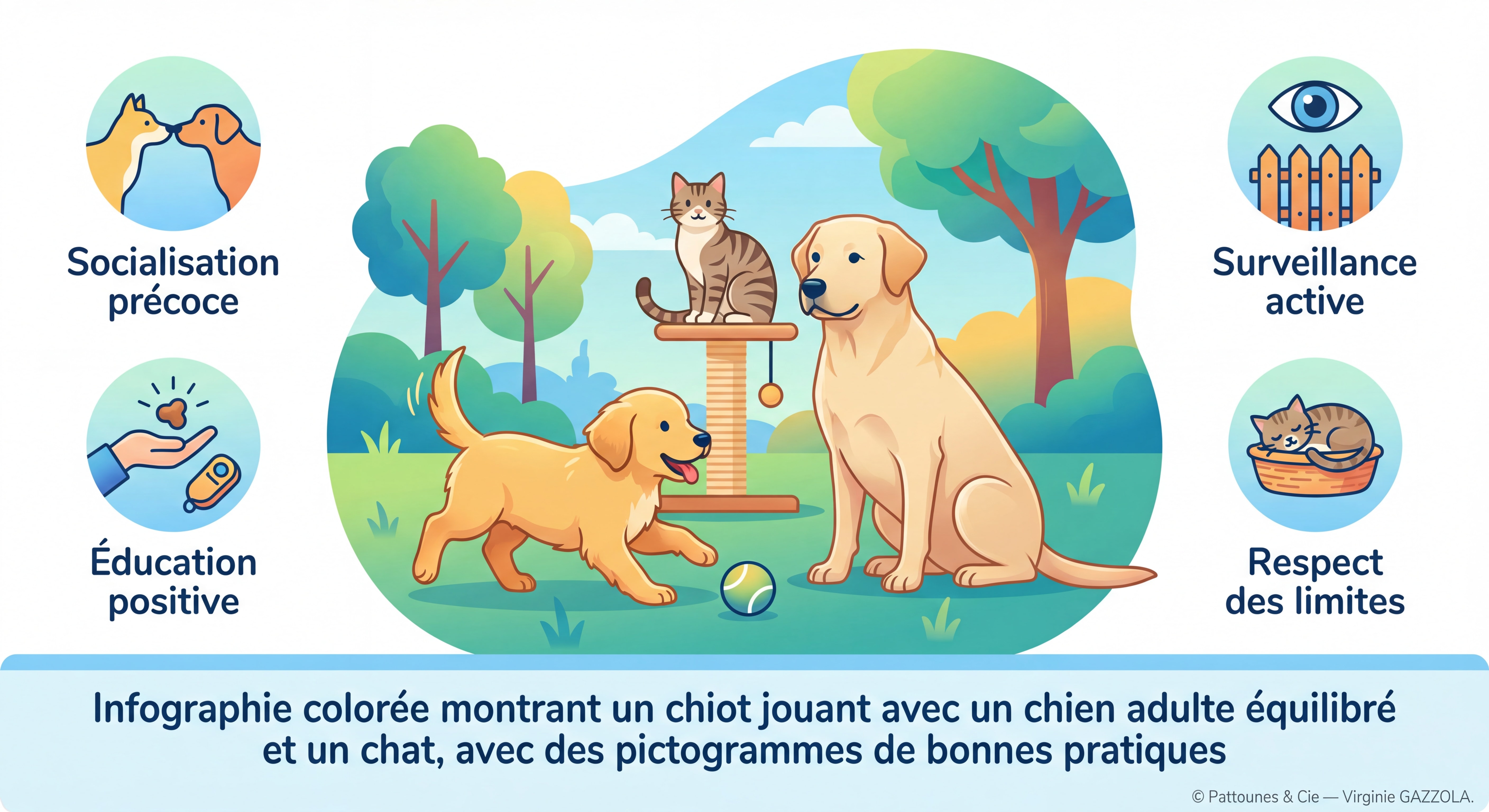 Infographie colorée montrant un chiot jouant avec un chien adulte équilibré et un chat, avec des pictogrammes de bonnes pratiques — © Pattounes & Cie — Virginie GAZZOLA