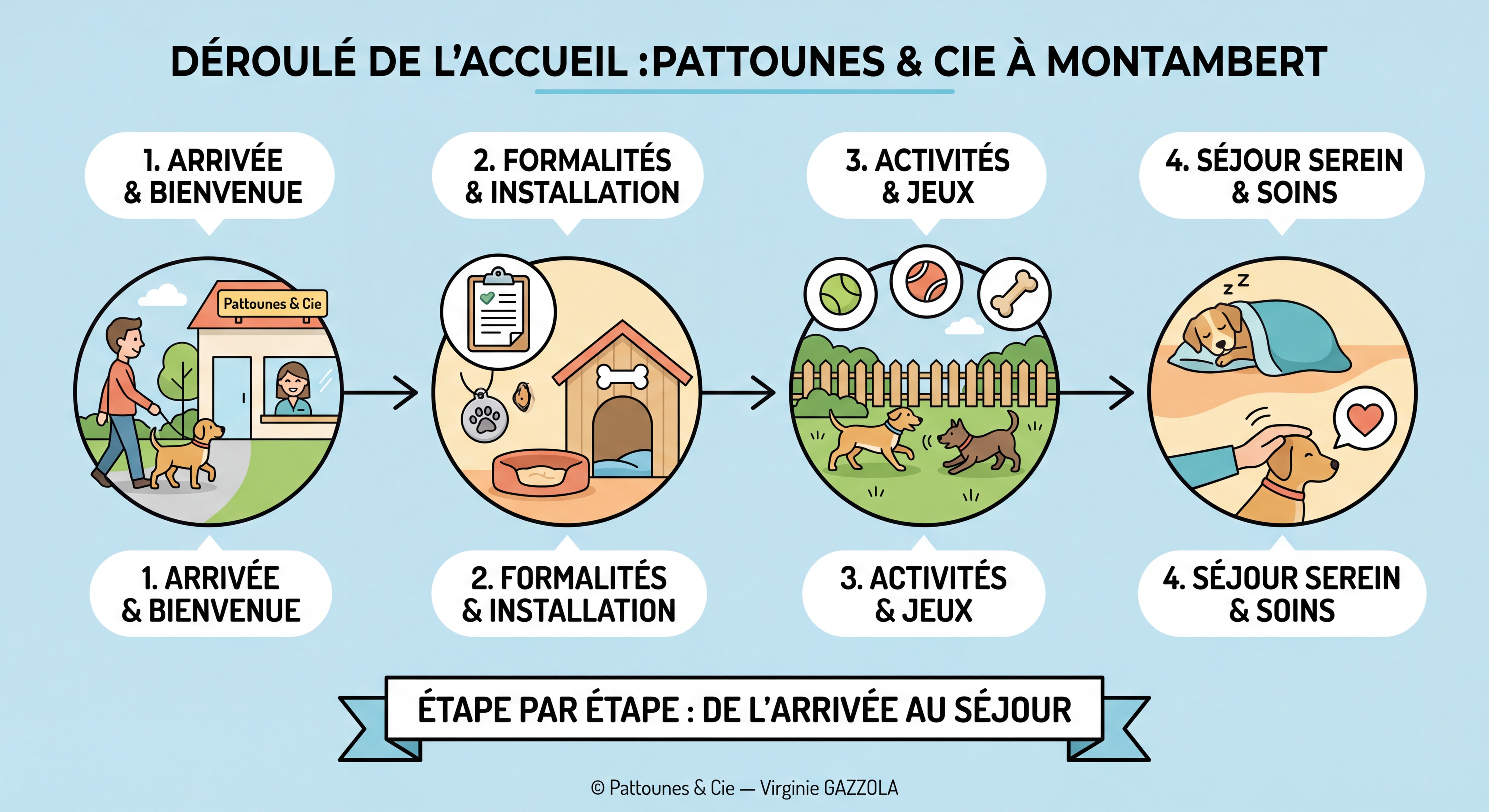 Infographie colorée illustrant le déroulé de l'accueil d'un chien à la pension Pattounes & Cie à Montambert — étapes visuelles de l'arrivée au séjour — © Pattounes & Cie — Virginie GAZZOLA