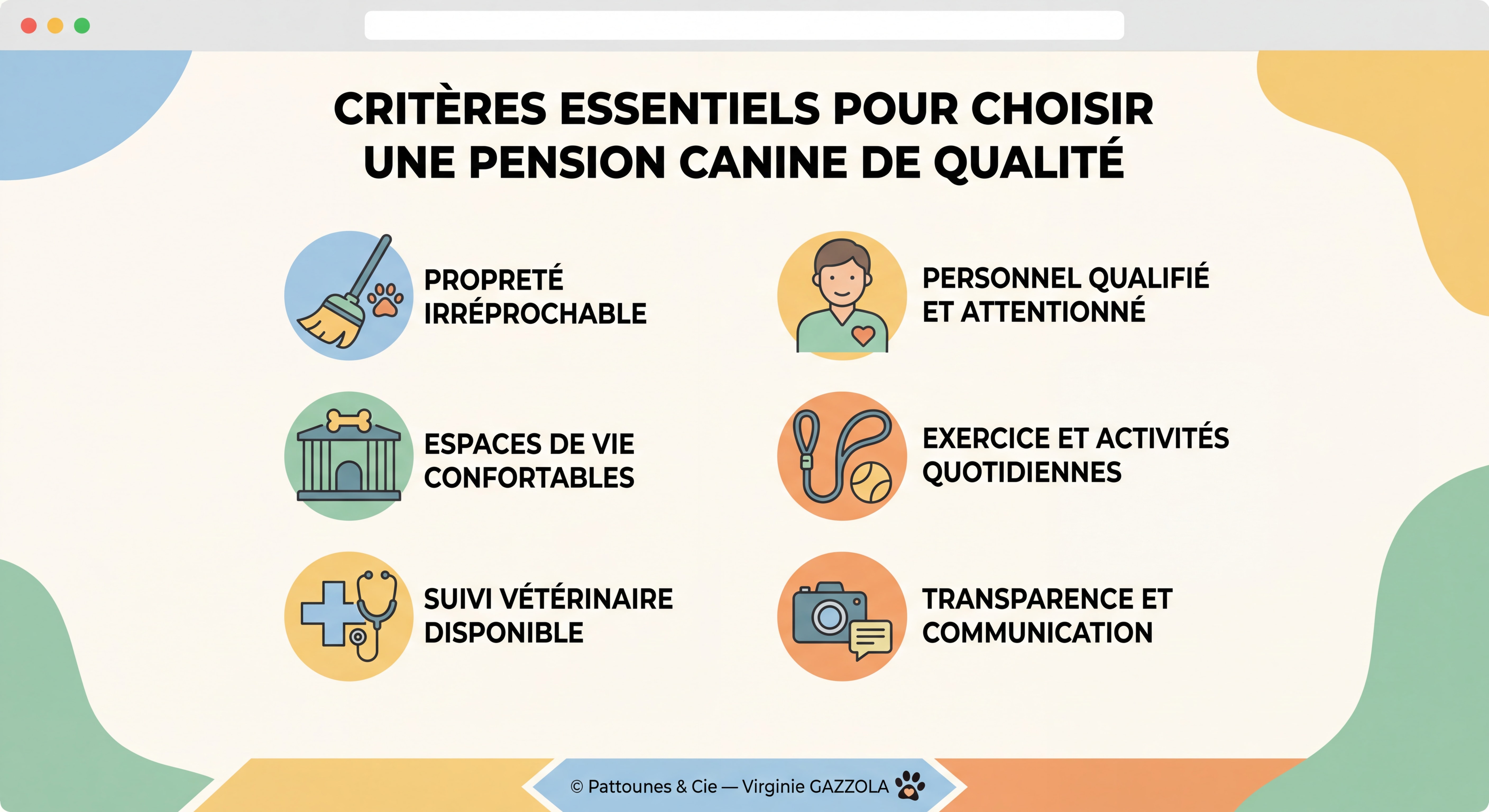 Infographie colorée illustrée présentant les critères essentiels pour choisir une pension canine de qualité — checklist visuelle avec icônes — © Pattounes & Cie — Virginie GAZZOLA