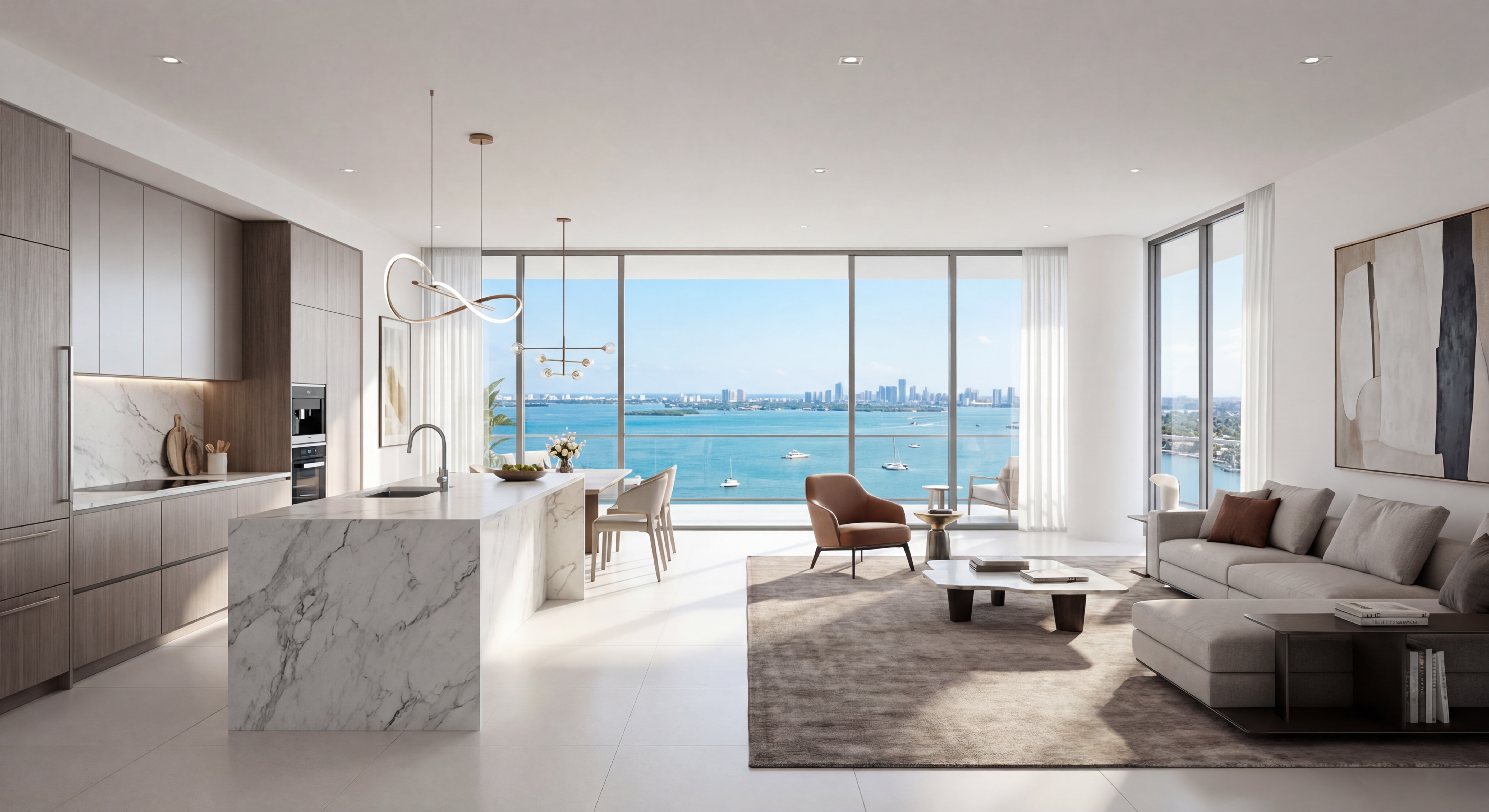 Luxury condo interior in Miami with floor-to-ceiling windows, open-plan living area, designer kitchen, and panoramic views of Biscayne Bay