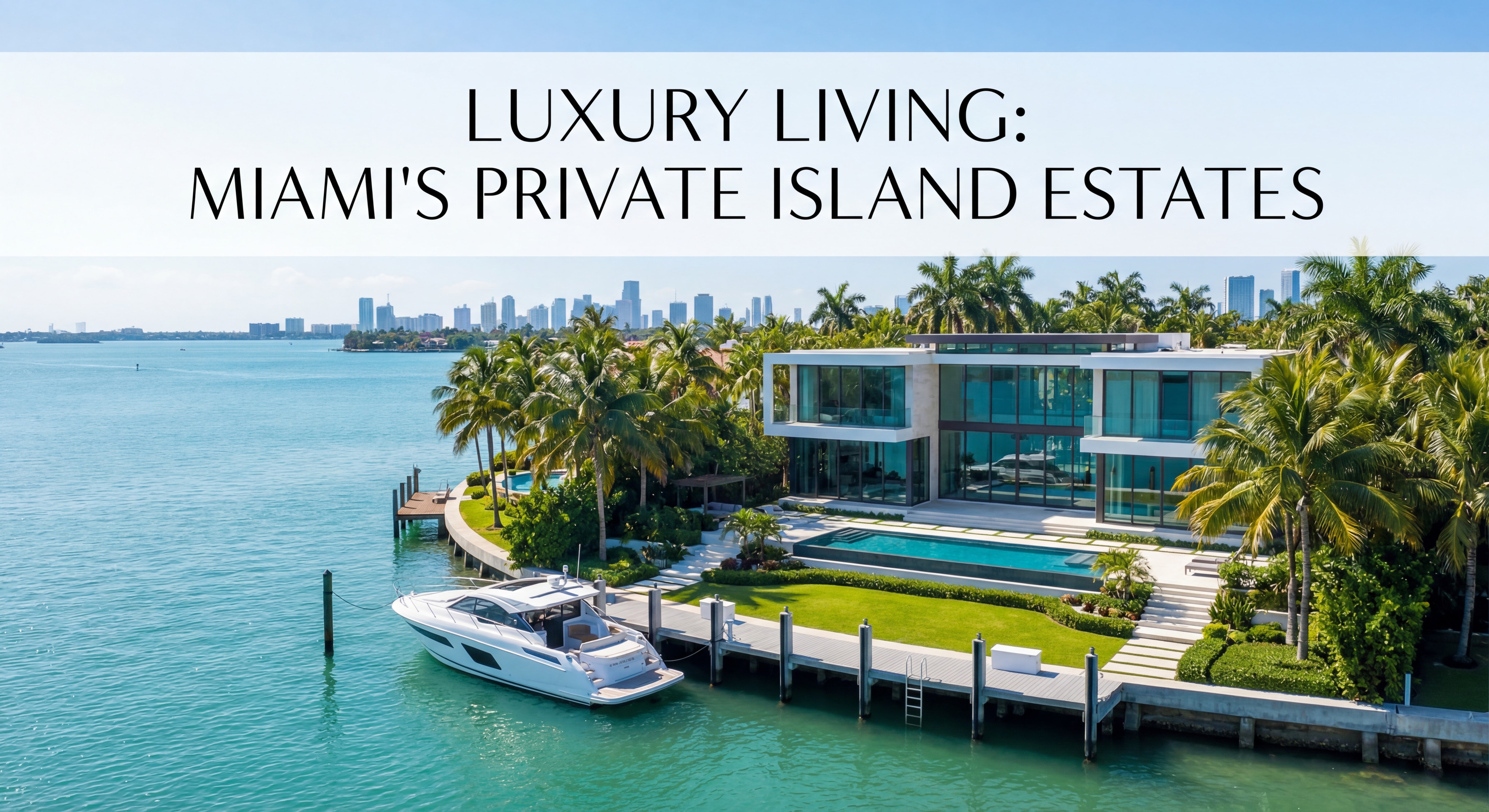 Exclusive Miami waterfront mansion on private island with lush tropical landscaping, Biscayne Bay views, luxury estate photography