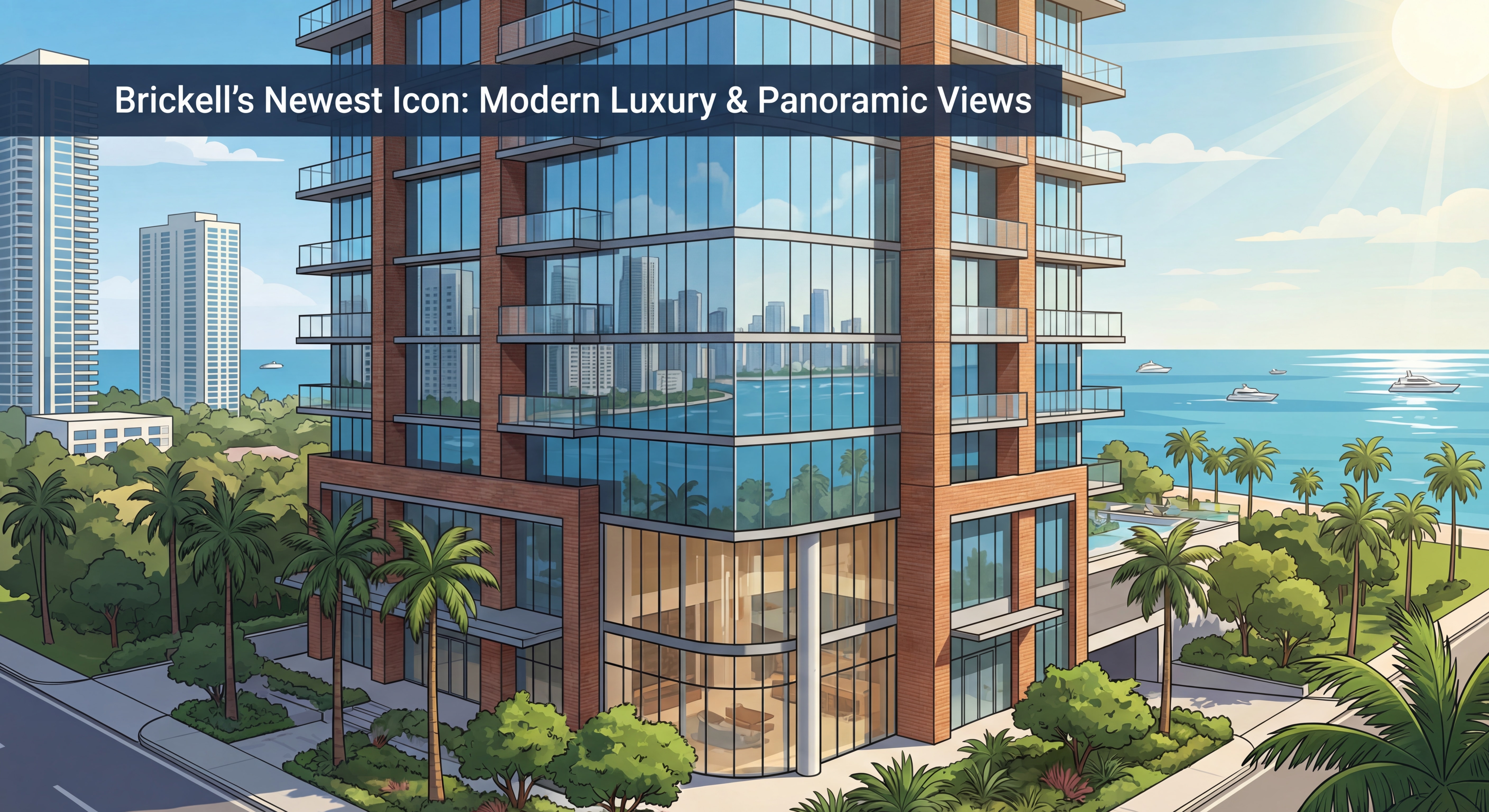 Modern luxury Brickell condo tower exterior with floor-to-ceiling glass facade and city skyline views, Miami new construction