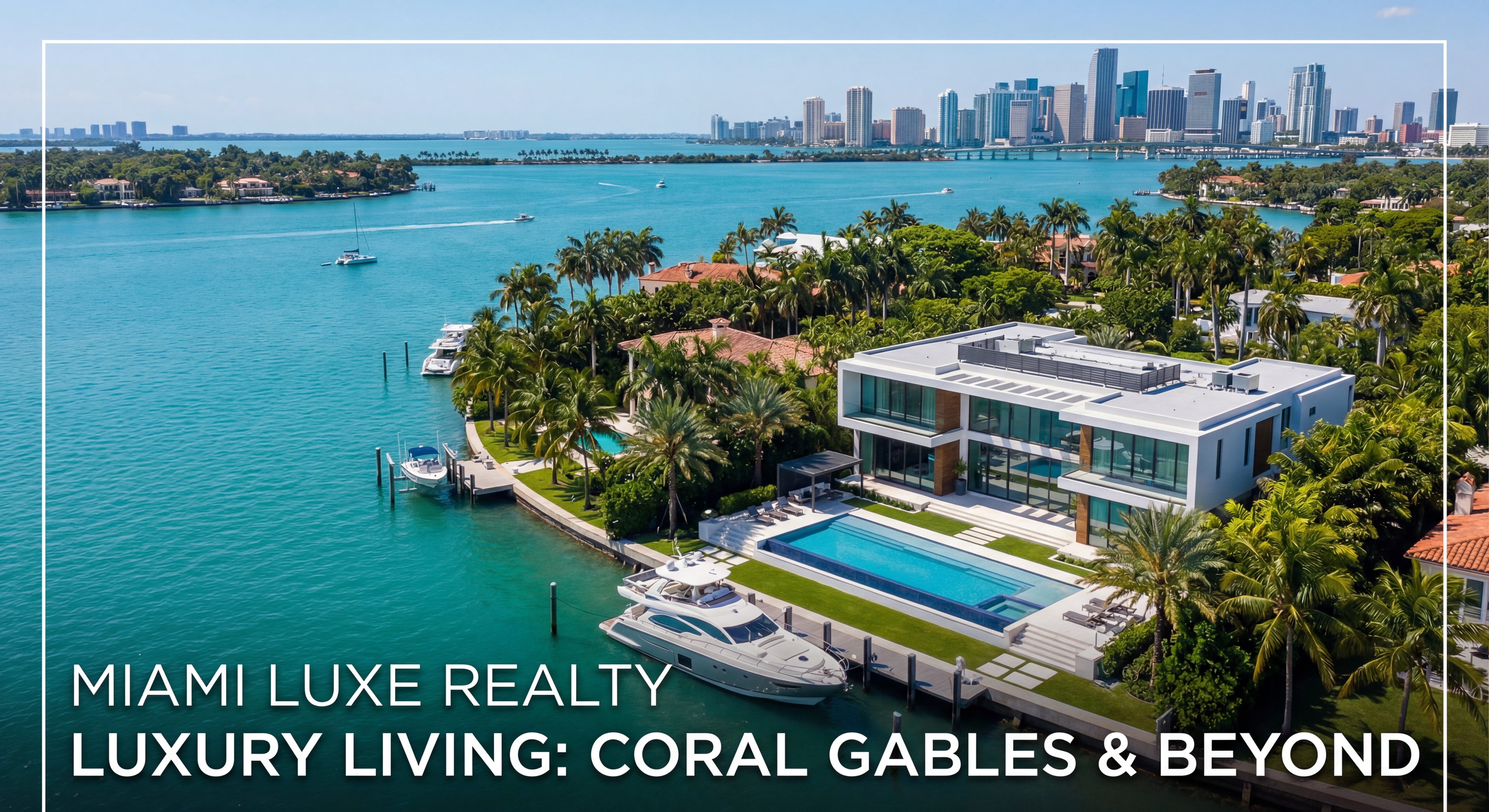 Aerial view of luxury waterfront mansion in Coral Gables Miami-Dade County with Biscayne Bay and Miami skyline in background