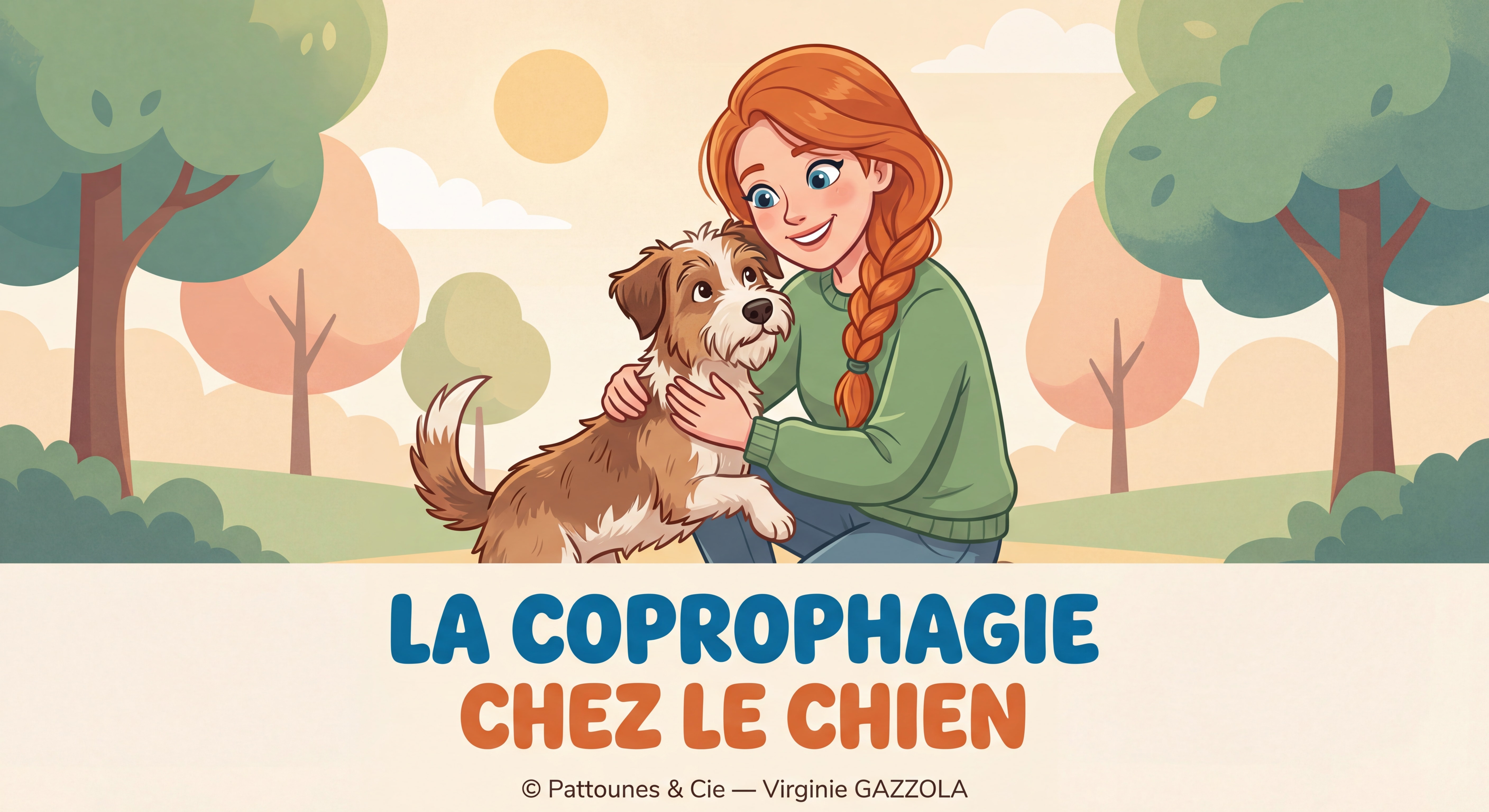 Illustration cartoon professionnelle d'une femme rousse aux cheveux longs en tresse et aux yeux bleus posant affectueusement avec un chien, titre "LA COPROPHAGIE CHEZ LE CHIEN" en grand en bas de l'image, style coloré et bienveillant, © Pattounes & Cie — Virginie GAZZOLA