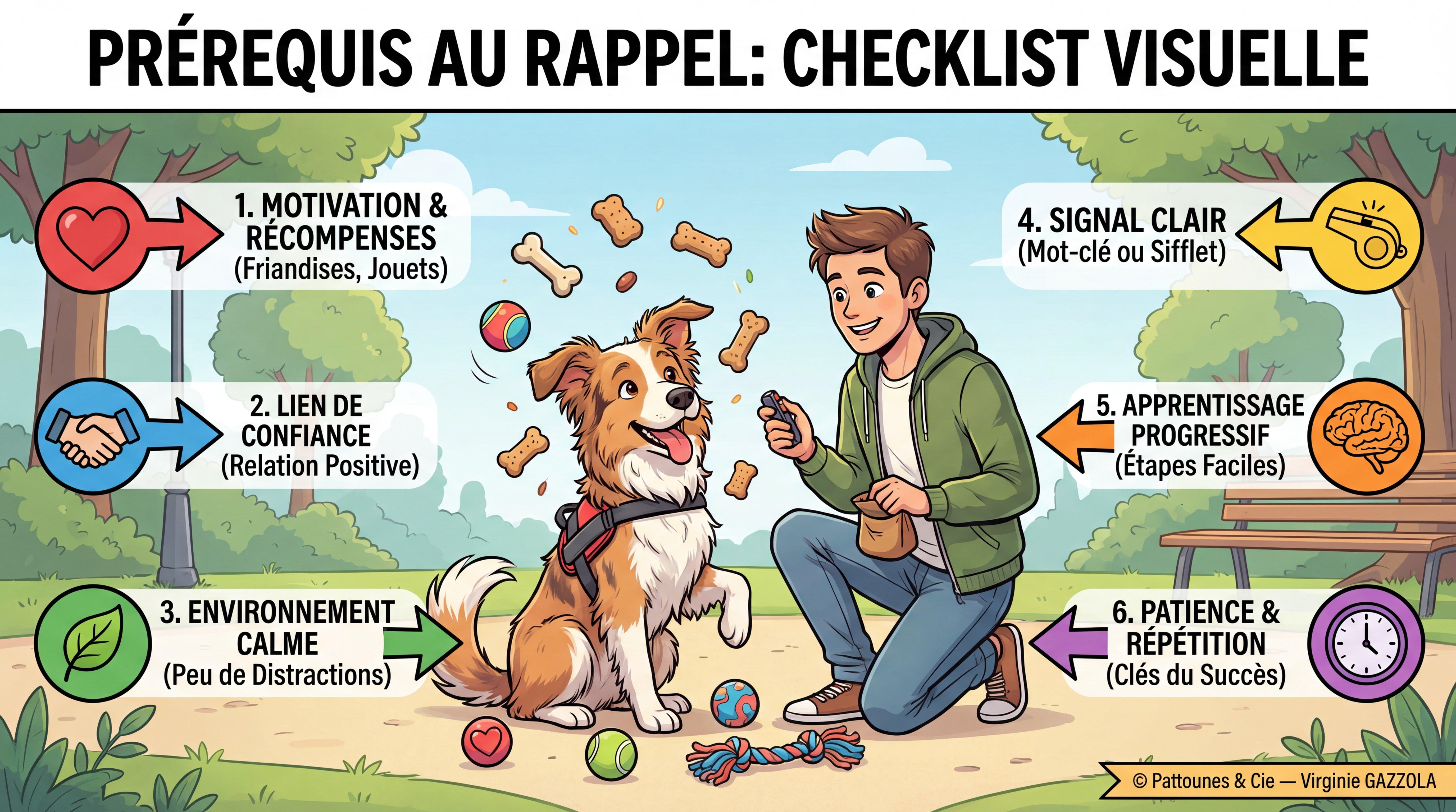 Infographie ultra-détaillée checklist visuelle des prérequis au rappel — illustrations d'un chien motivé avec friandises et jouets, personnage humain souriant, environnement calme, icônes colorées expressives avec flèches et textes, style infographie moderne et BD professionnelle © Pattounes & Cie — Virginie GAZZOLA