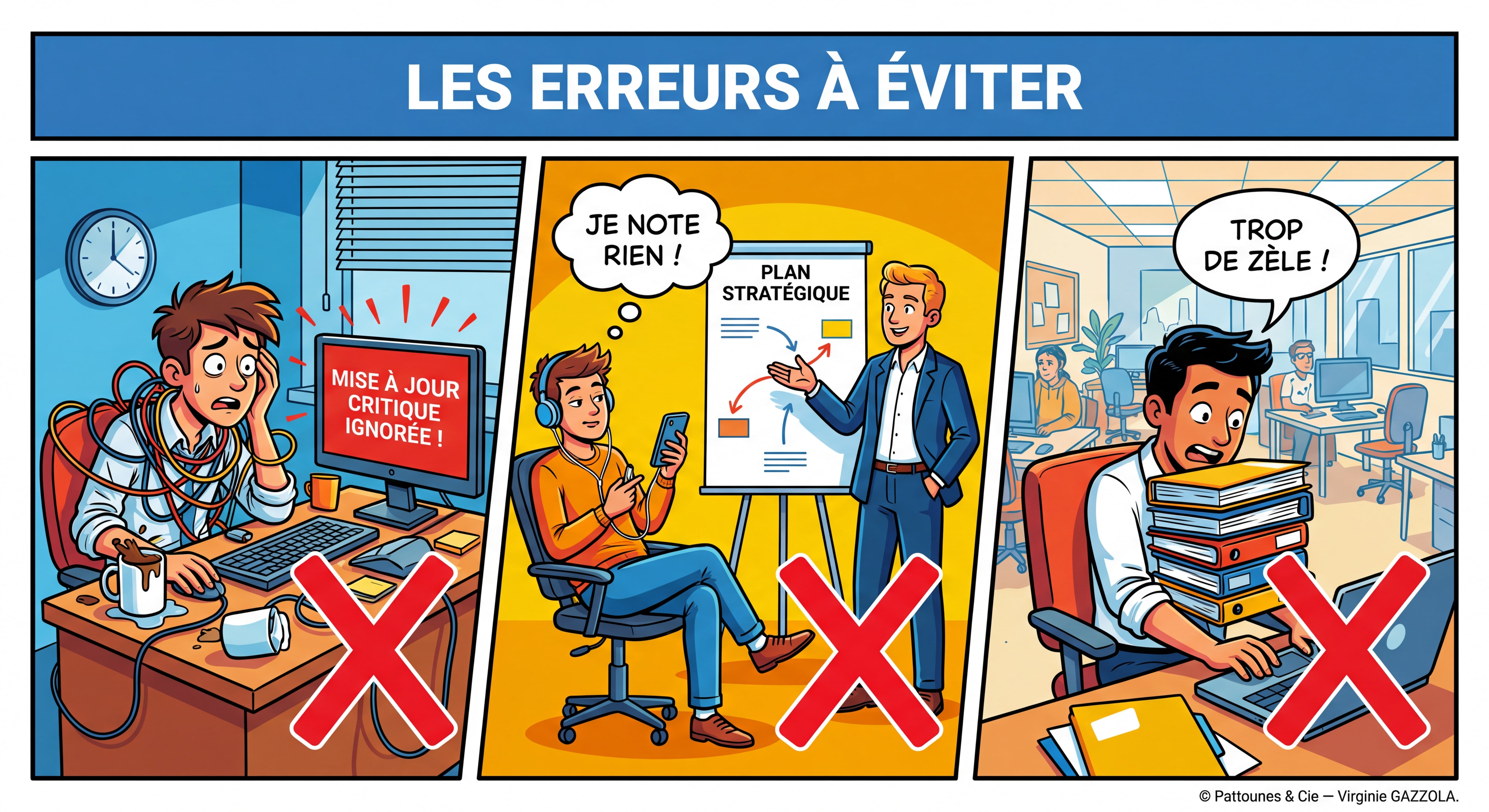 Panneau ultra-détaillé des erreurs à éviter — illustrations expressives style BD avec croix rouges géantes sur chaque mauvaise pratique, personnages illustrés dans des situations concrètes, bulle de dialogue, couleurs vives et contrastées, © Pattounes & Cie — Virginie GAZZOLA