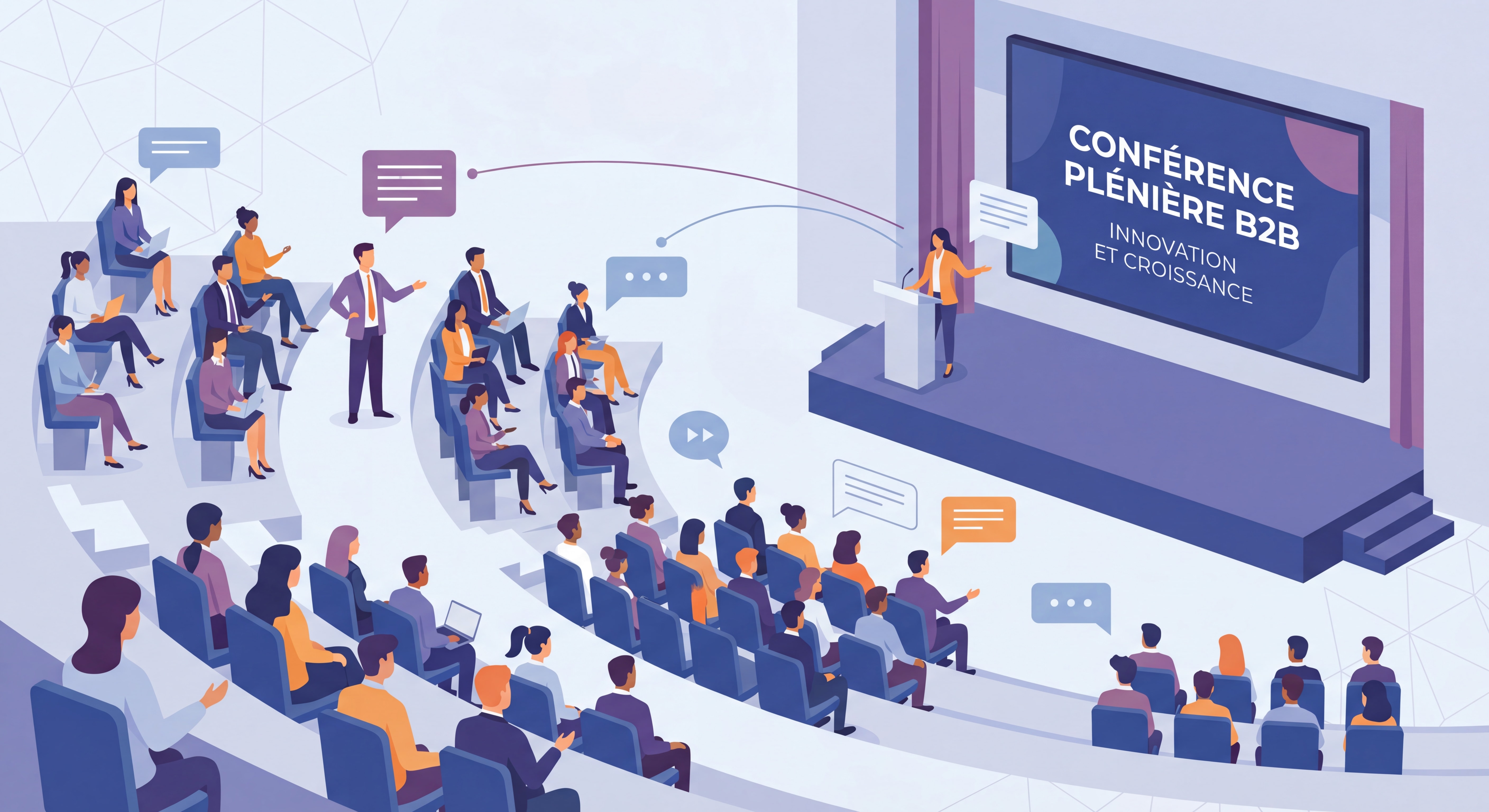 Salle d'événement professionnel B2B avec participants en conférence plénière, ambiance dynamique et moderne