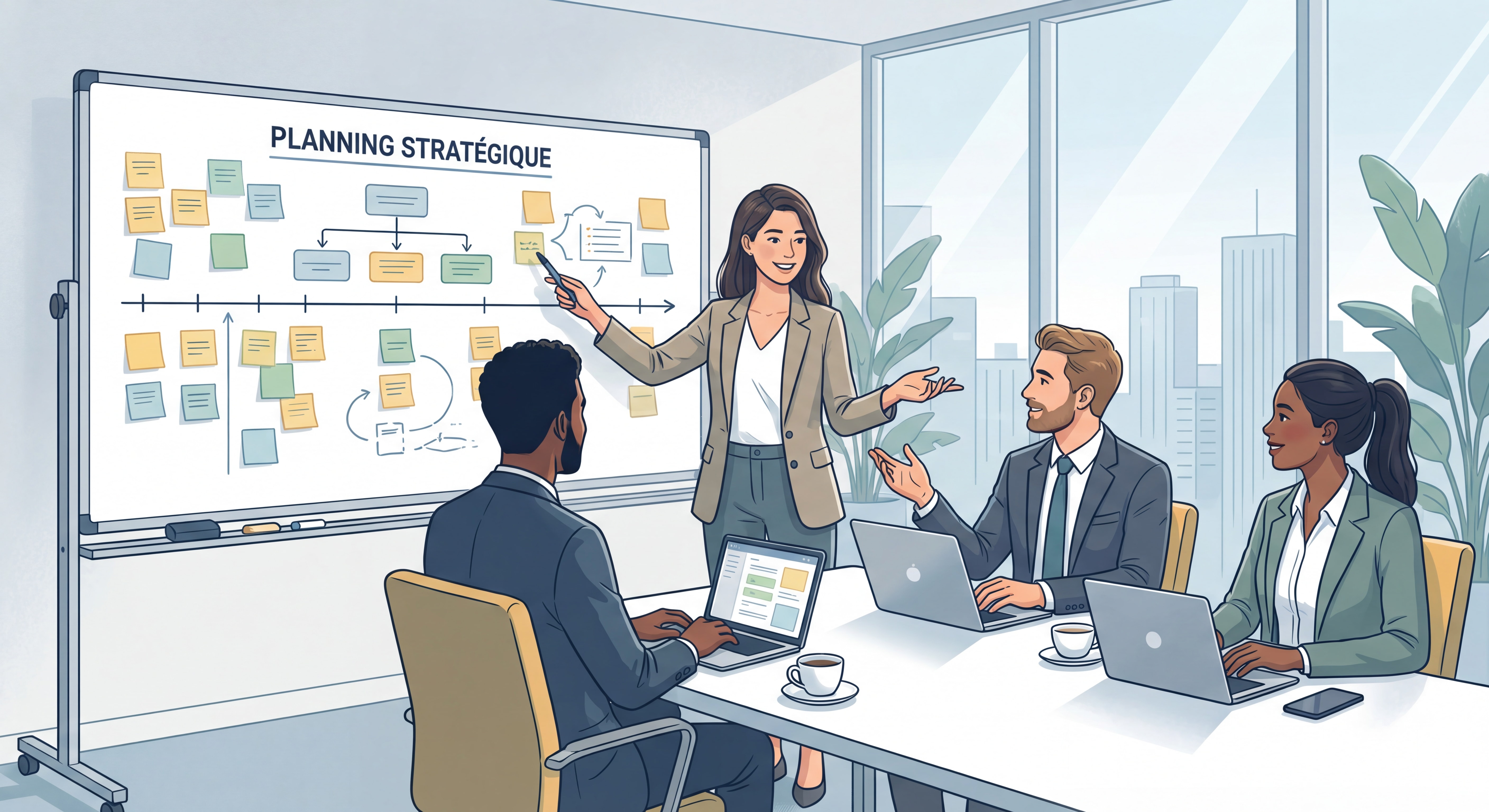 Organisatrice événementielle B2B en discussion avec des décideurs d'entreprise autour d'un tableau de planification d'événement professionnel