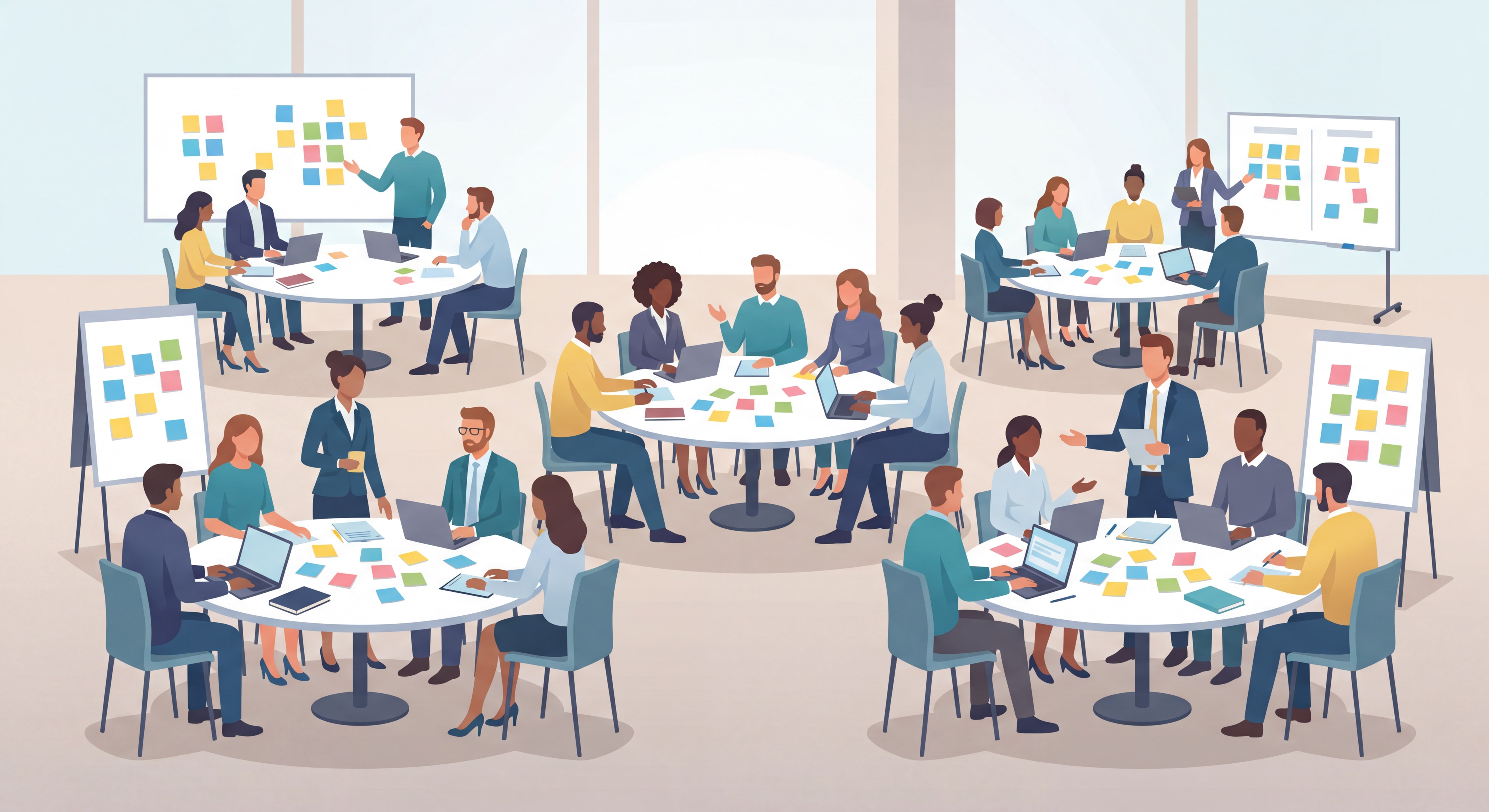 Groupe de collaborateurs en atelier de travail collaboratif lors d'un séminaire d'entreprise, tables rondes et post-its colorés