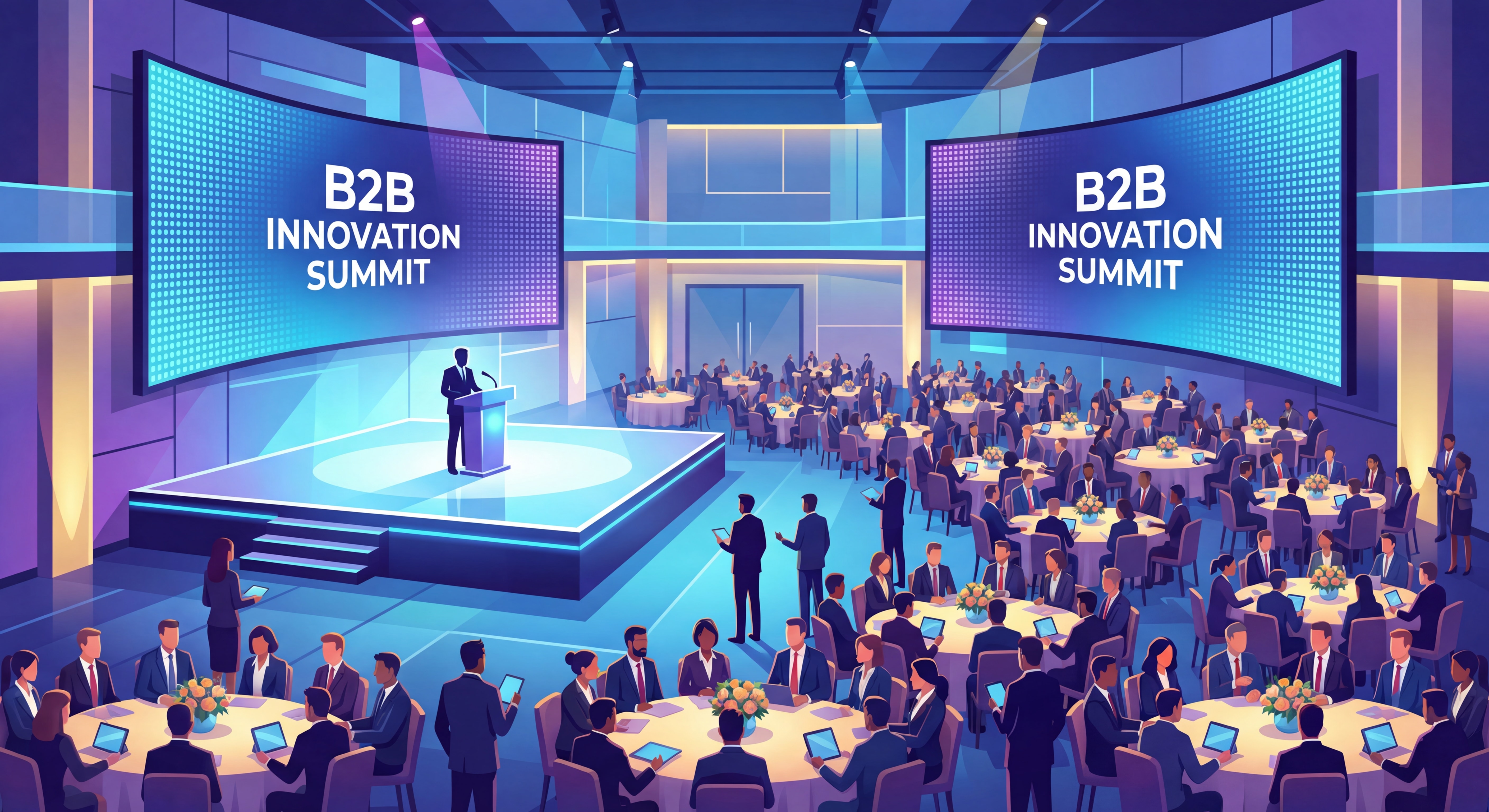 Grande salle de convention d'entreprise avec podium illuminé, écrans géants et centaines de collaborateurs lors d'un événement de gala B2B