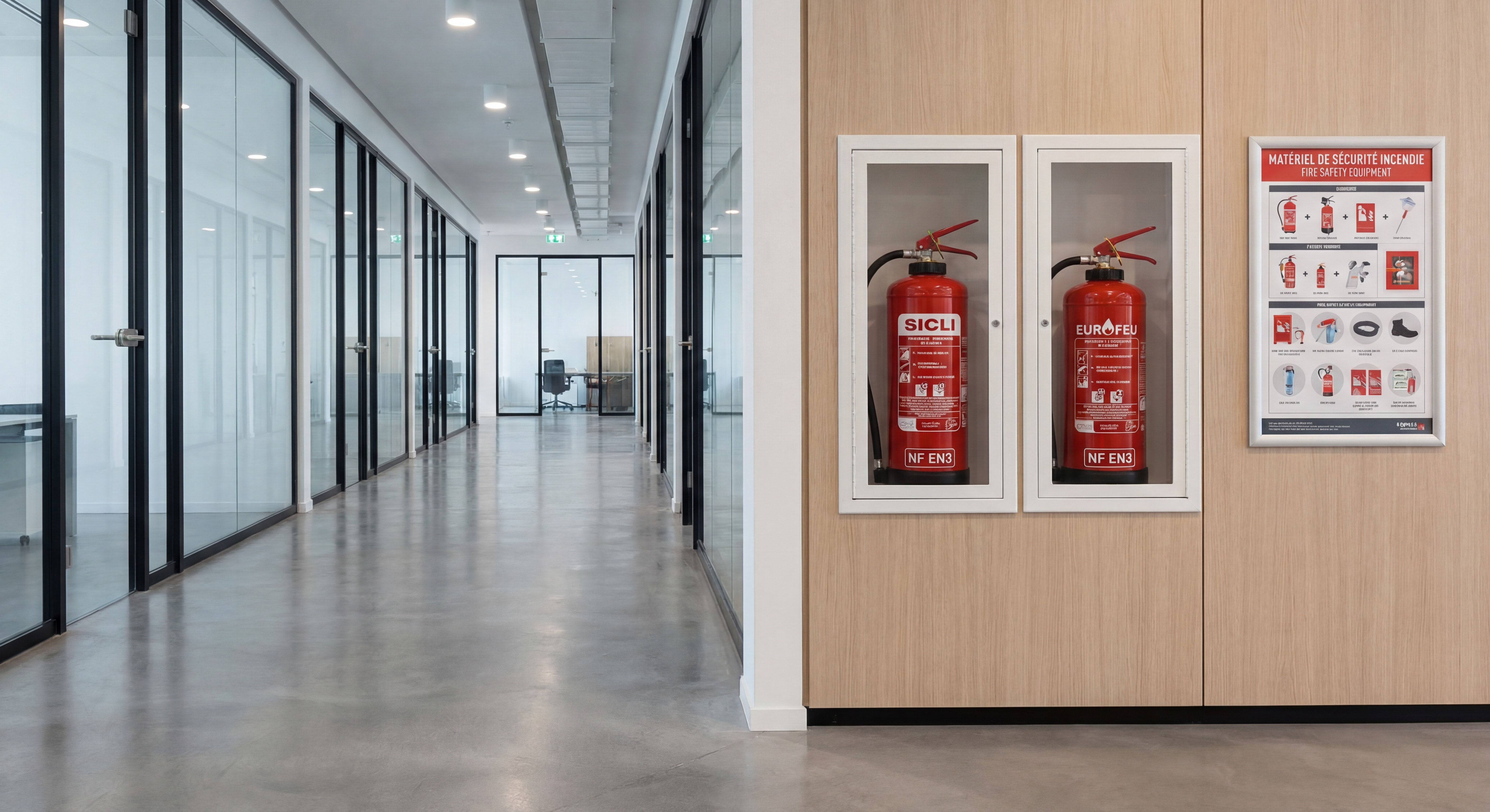 Extincteur Sicli et Eurofeu installés dans un couloir professionnel - matériel de sécurité incendie conforme aux normes NF EN3