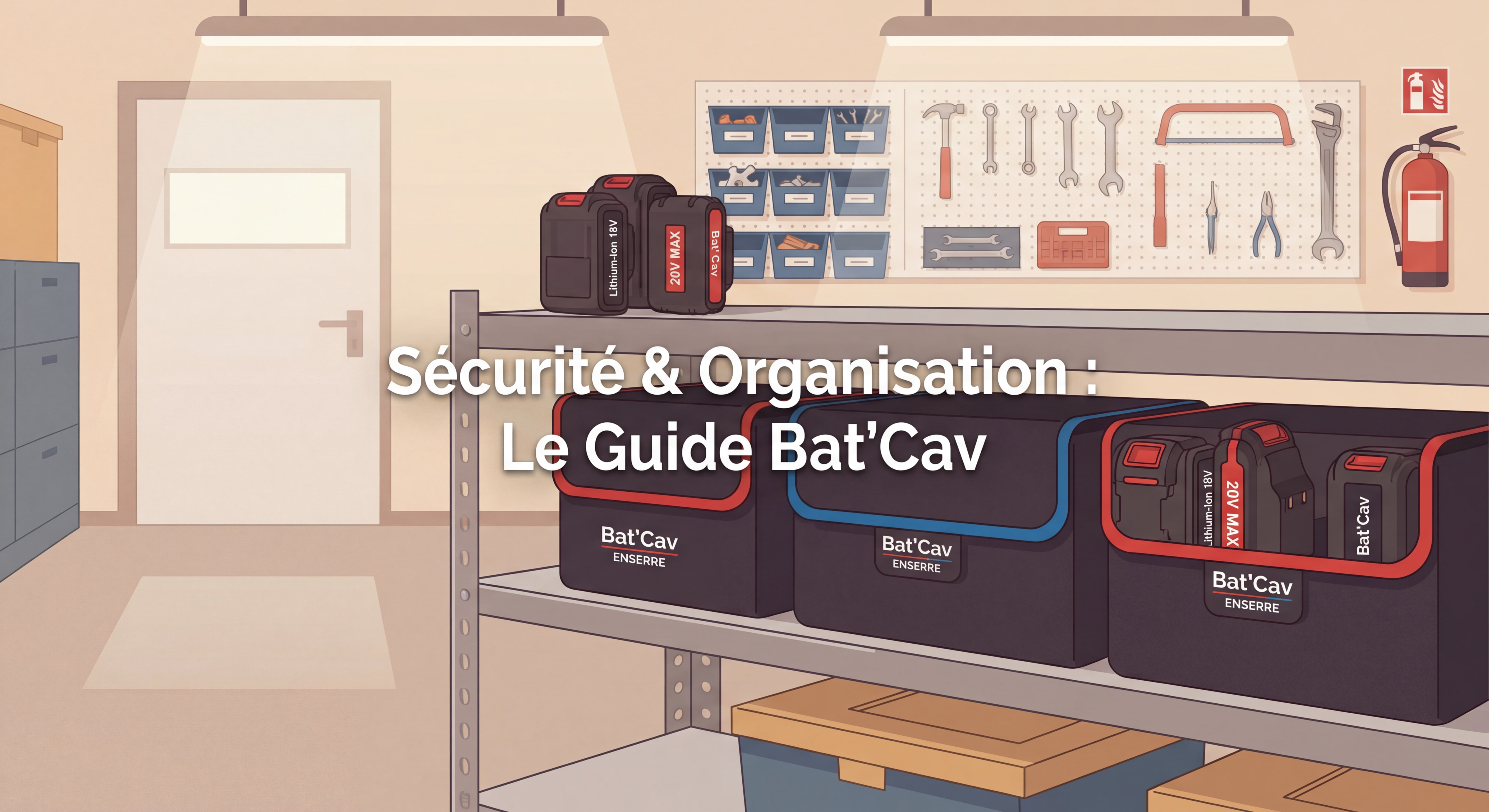 Batteries d'électroportatif rangées dans des housses Bat'Cav ENSERRE sur une étagère de garage, ambiance atelier organisé et sécurisé