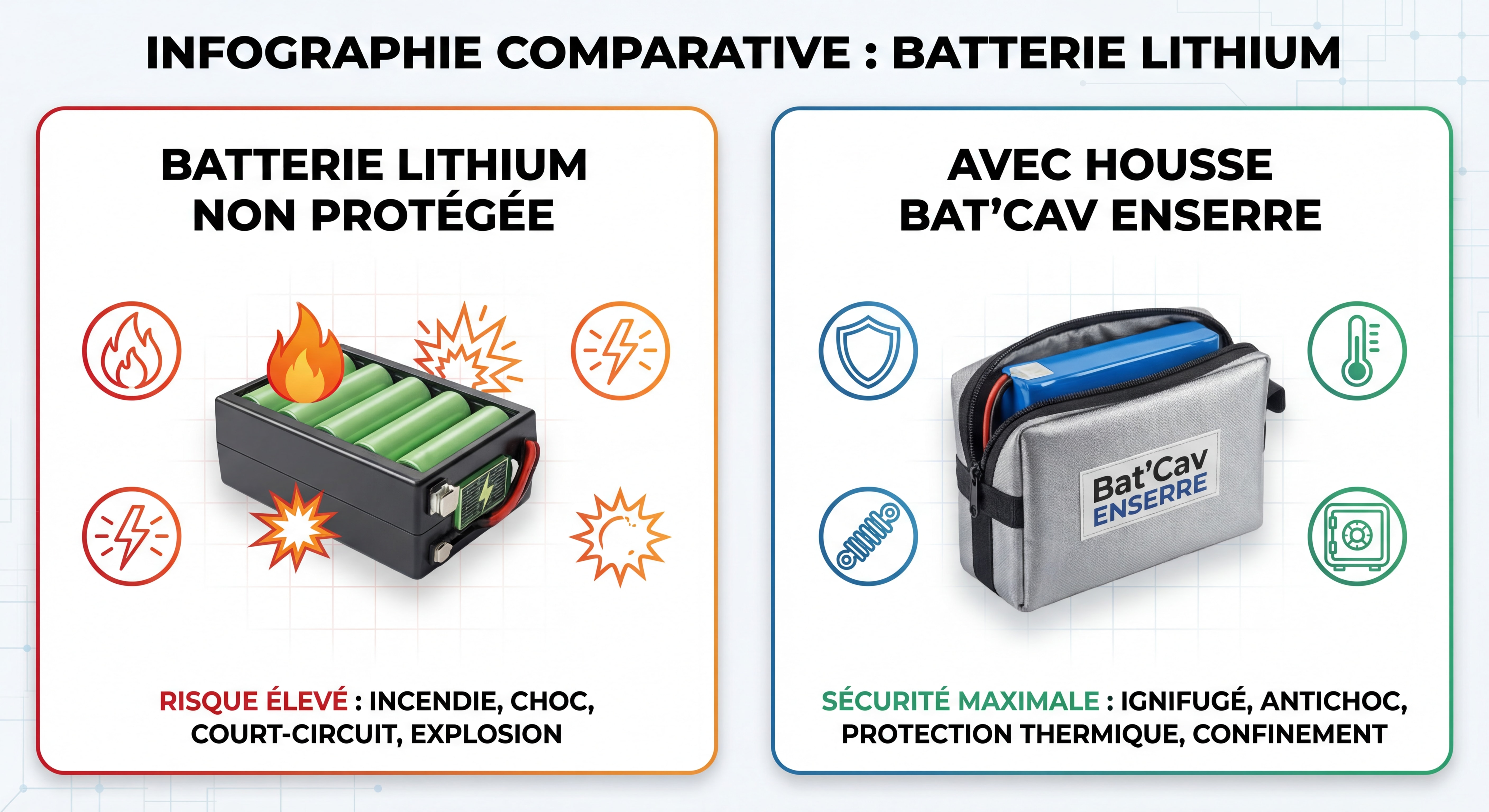 Infographie comparative côte à côte : batterie lithium sans protection vs batterie dans housse Bat'Cav ENSERRE, avec icônes de risque et de sécurité