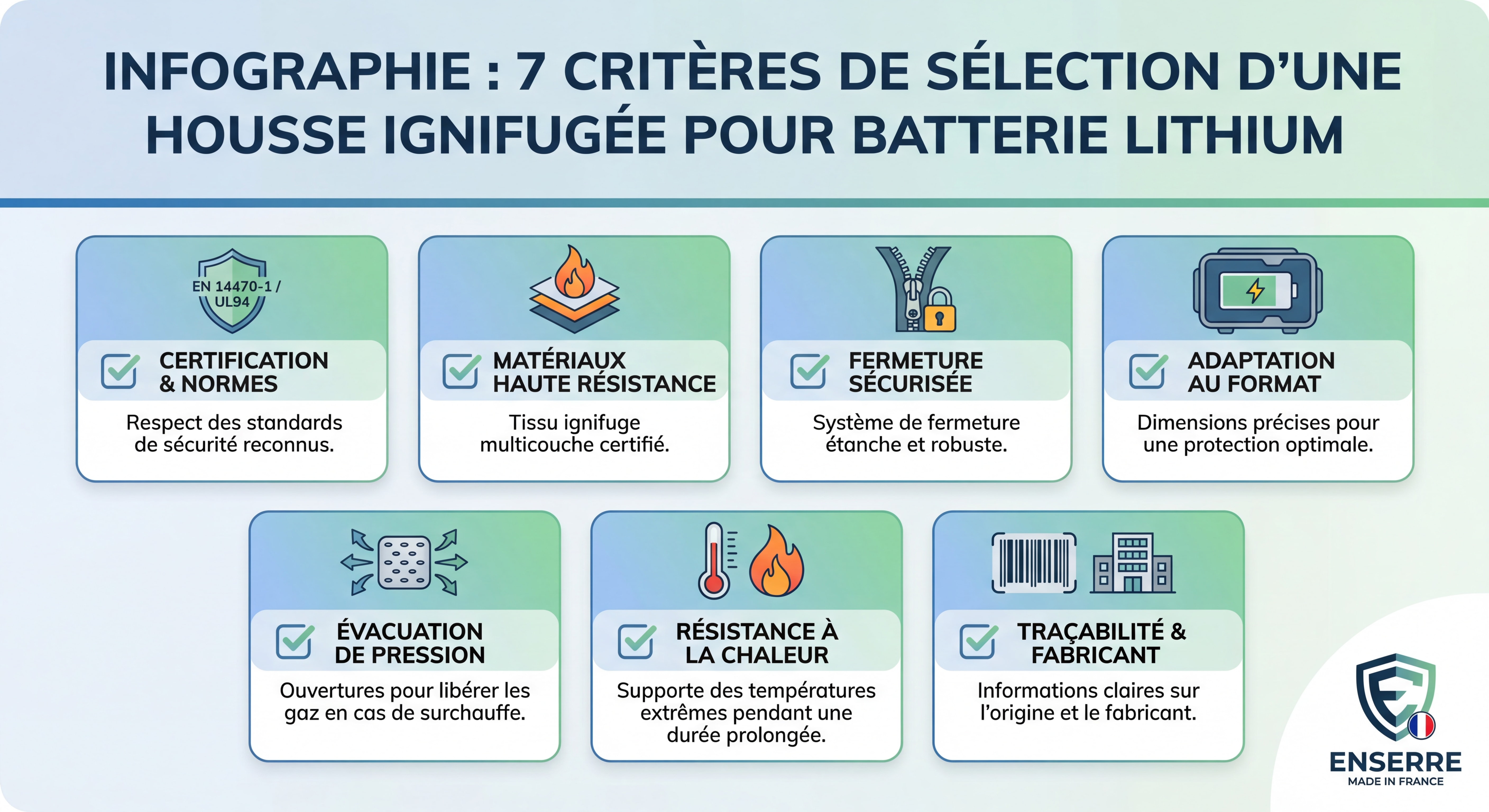 Infographie récapitulative des 7 critères de sélection d'une housse ignifugée batterie lithium avec checklist visuelle et logo ENSERRE Made in France