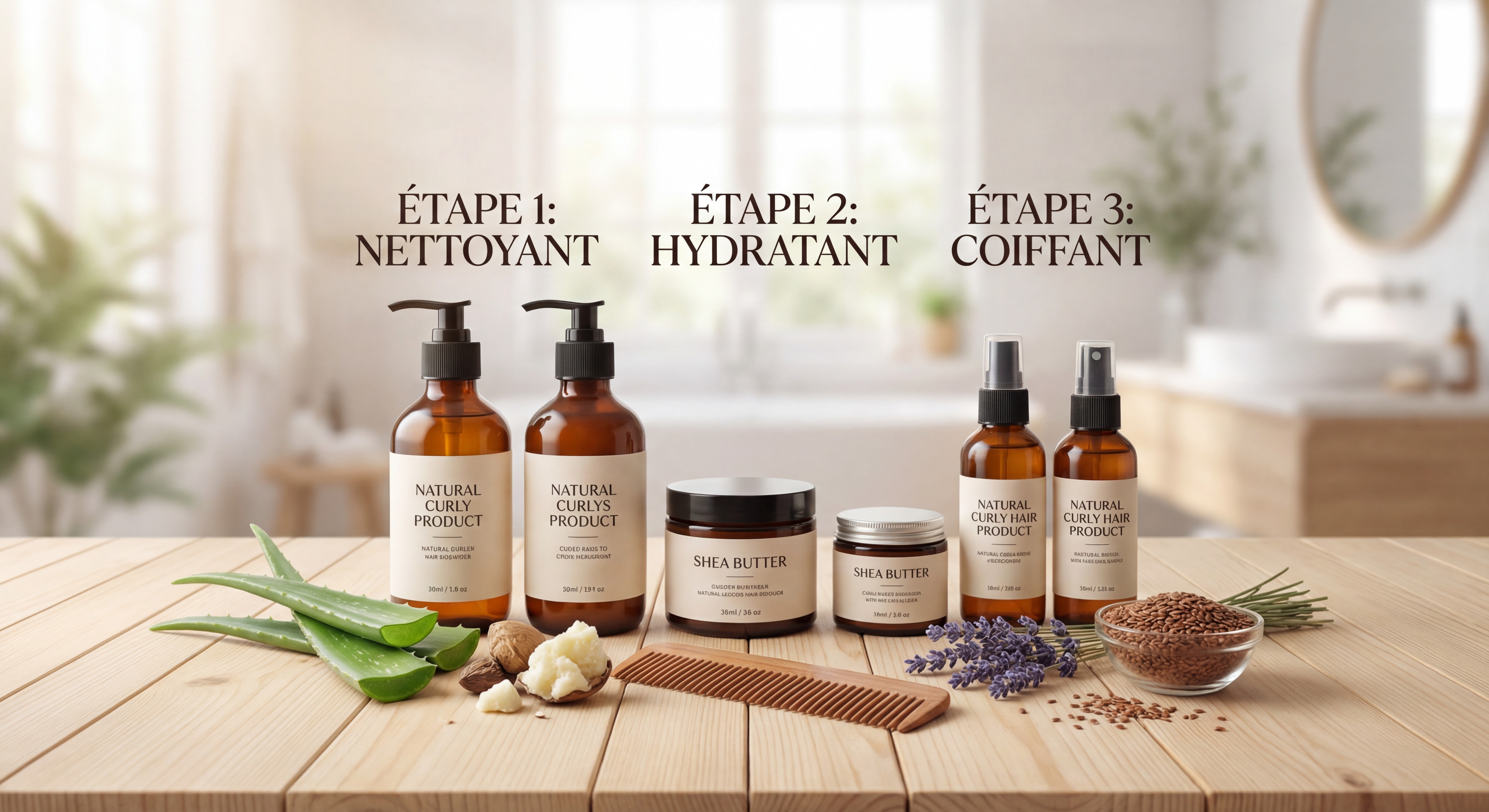 Étapes d'une routine capillaire naturelle pour cheveux bouclés, produits disposés sur une surface en bois avec des ingrédients naturels comme l'aloe vera et le karité