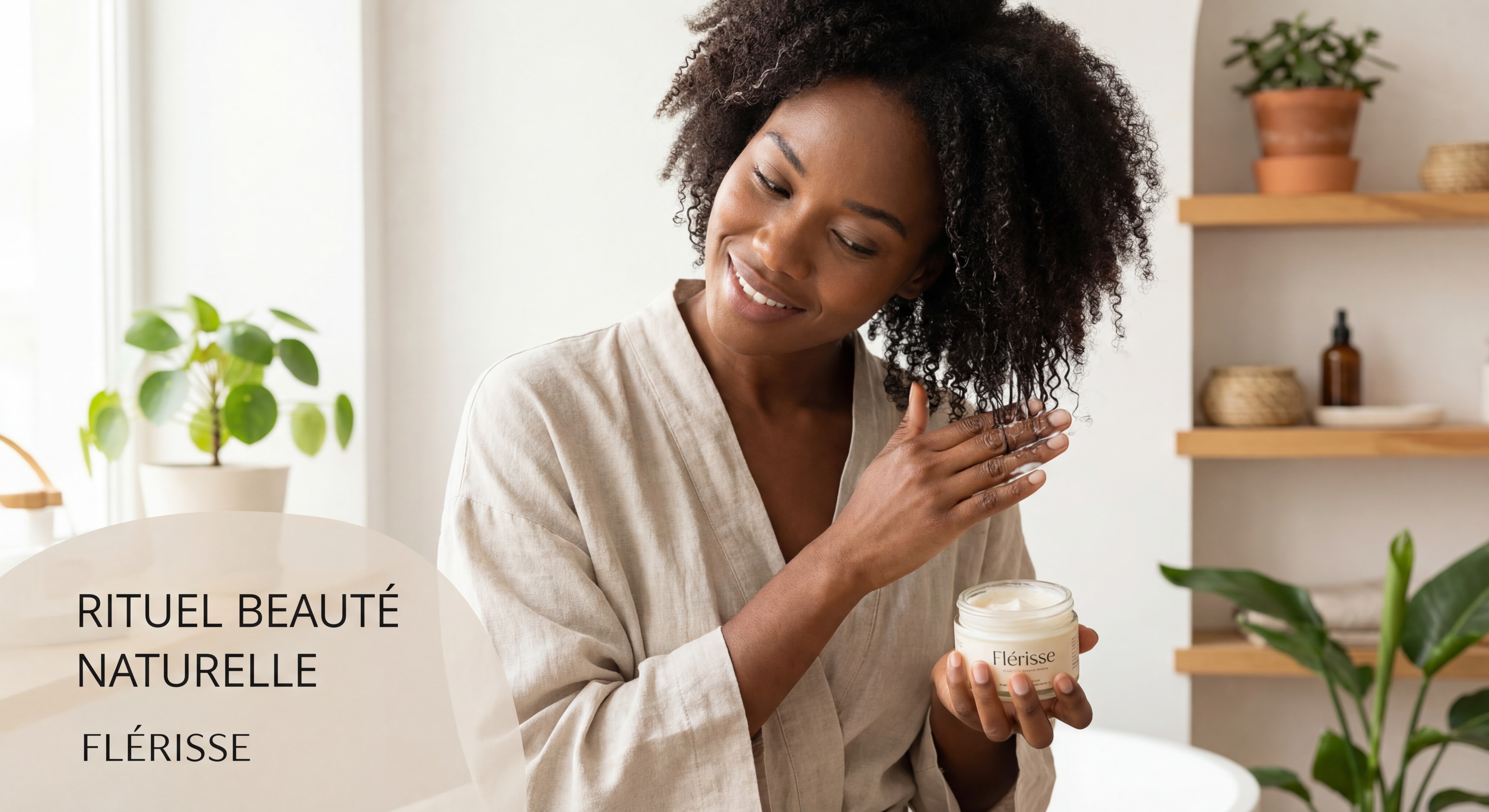 Femme afro appliquant un produit naturel Flérisse sur ses cheveux bouclés humides, geste de soin bienveillant et rituel beauté naturelle