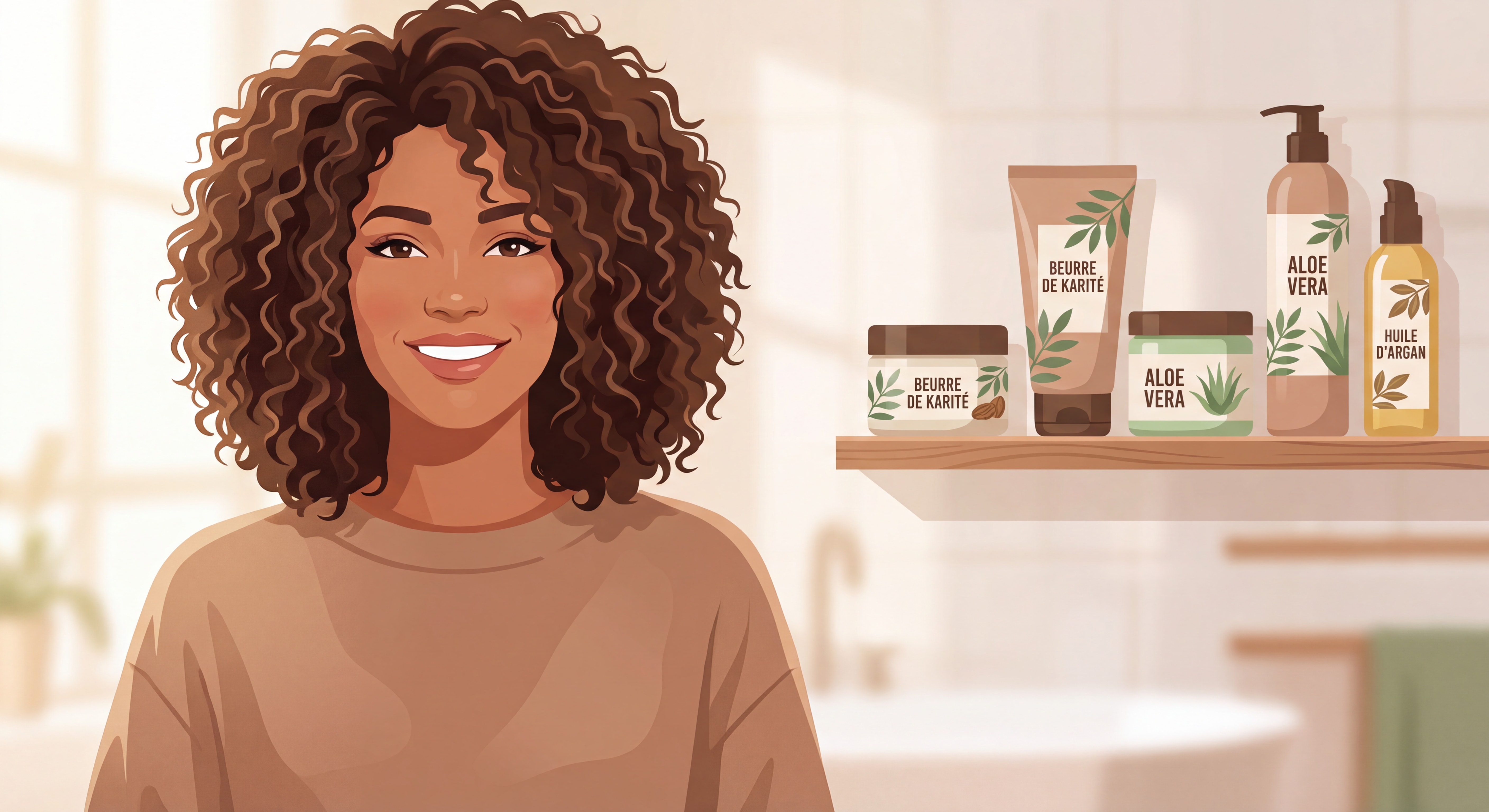 Femme aux cheveux bouclés naturels et hydratés, souriant avec confiance, produits de soins capillaires naturels en arrière-plan