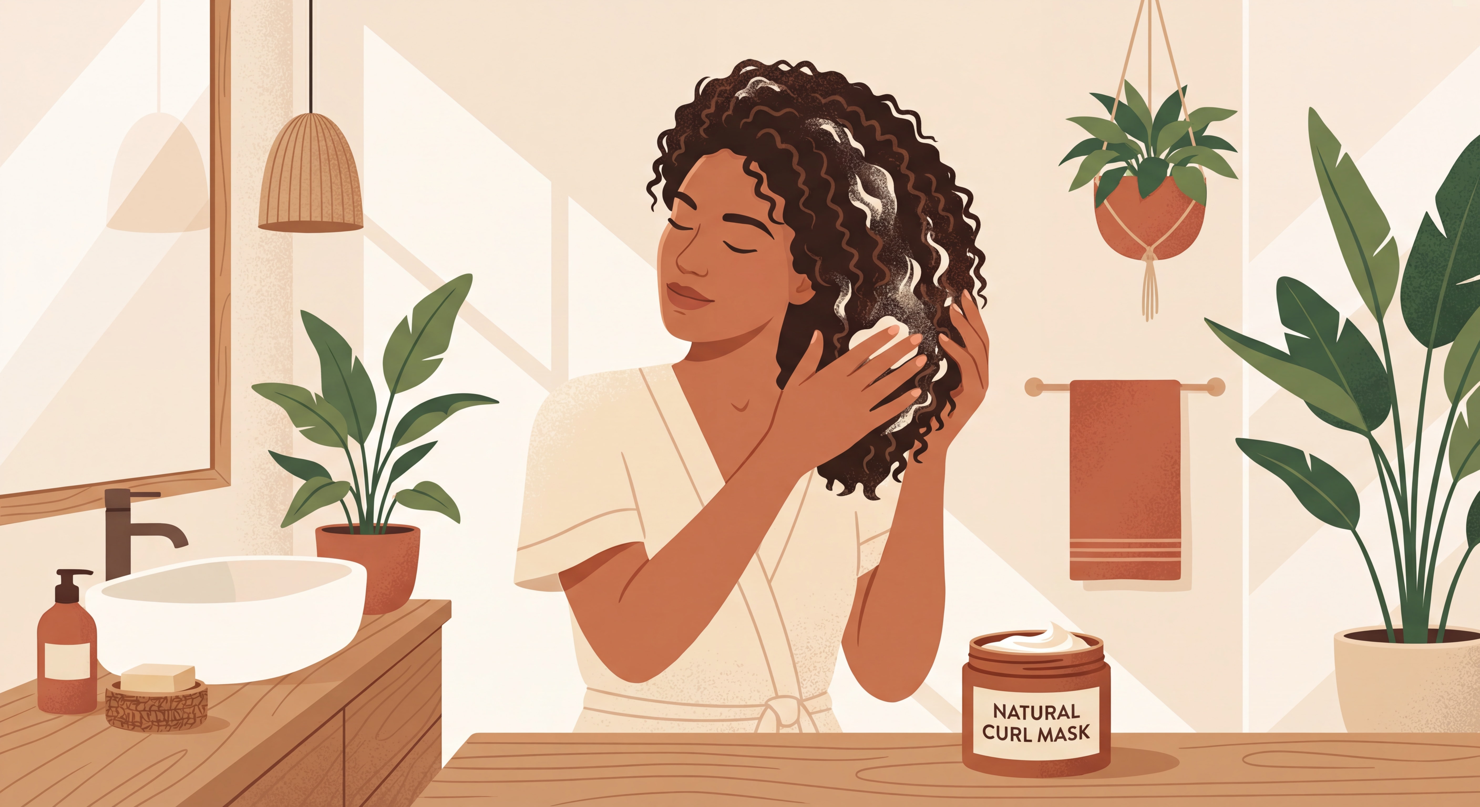 Femme appliquant un masque capillaire sur ses cheveux bouclés naturels avec soin