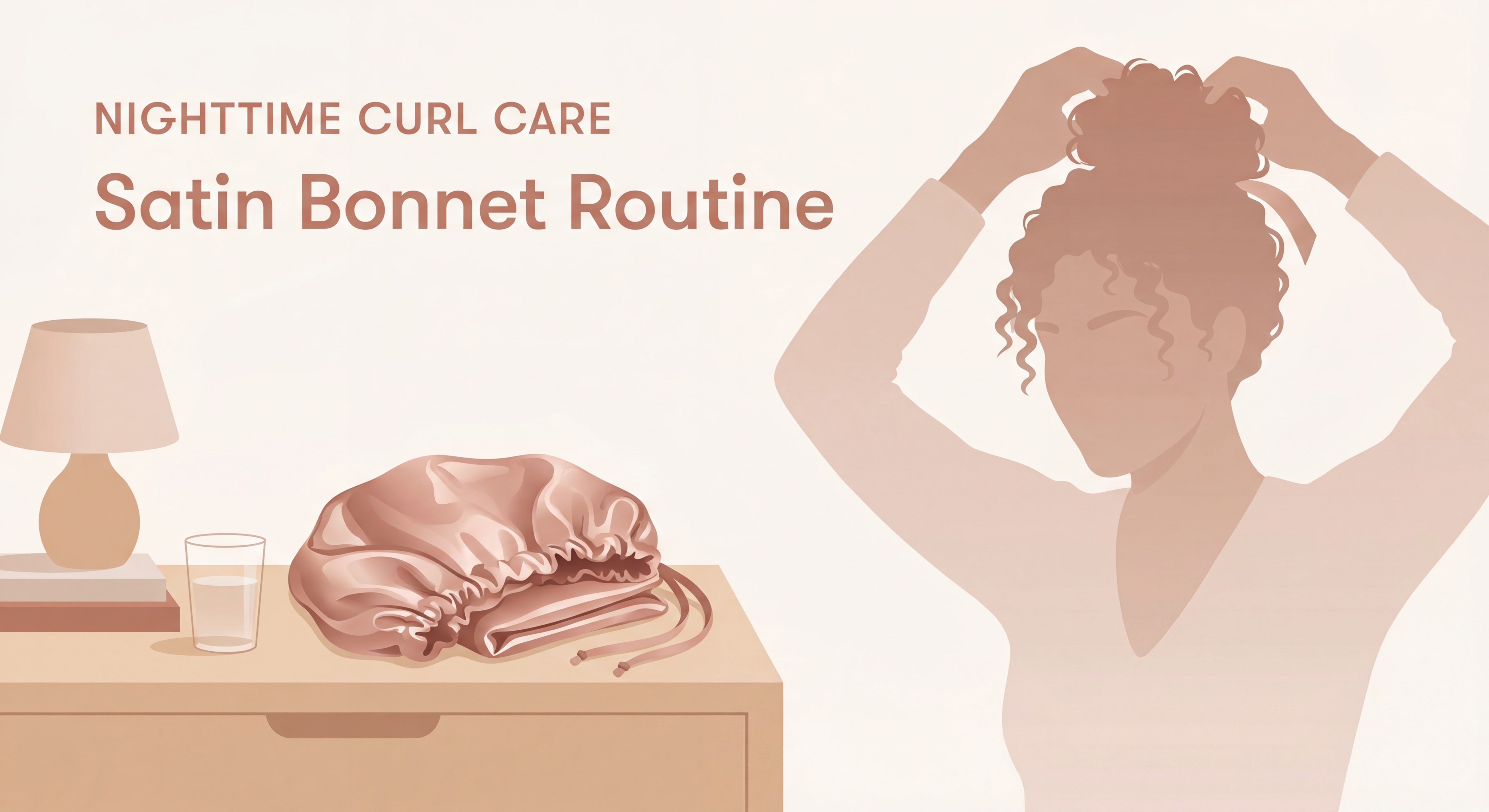 Bonnet en satin pour cheveux bouclés posé sur une table de nuit, routine capillaire nocturne