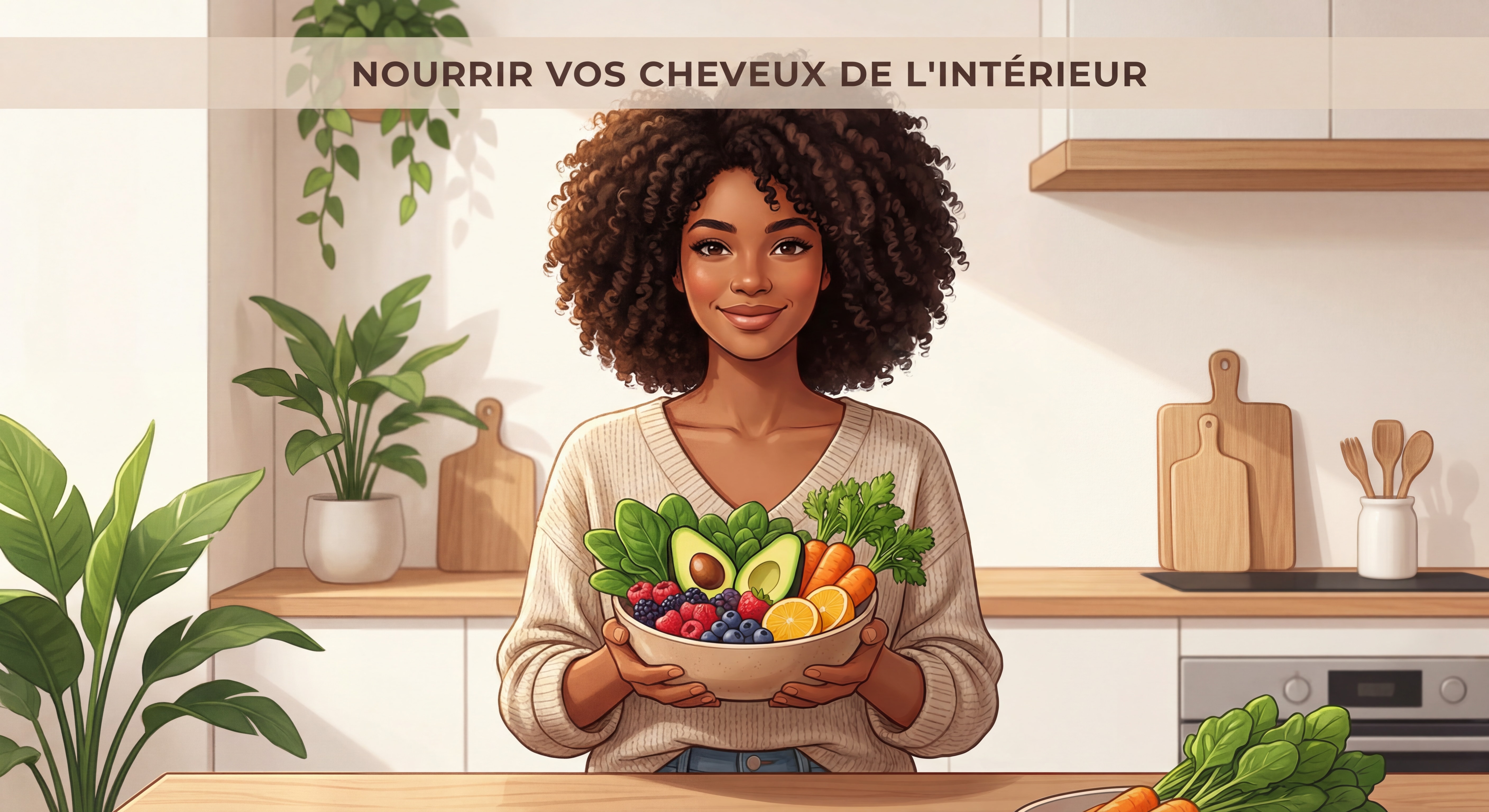 femme aux cheveux bouclés afro naturels tenant un bol de fruits et légumes colorés pour la santé capillaire