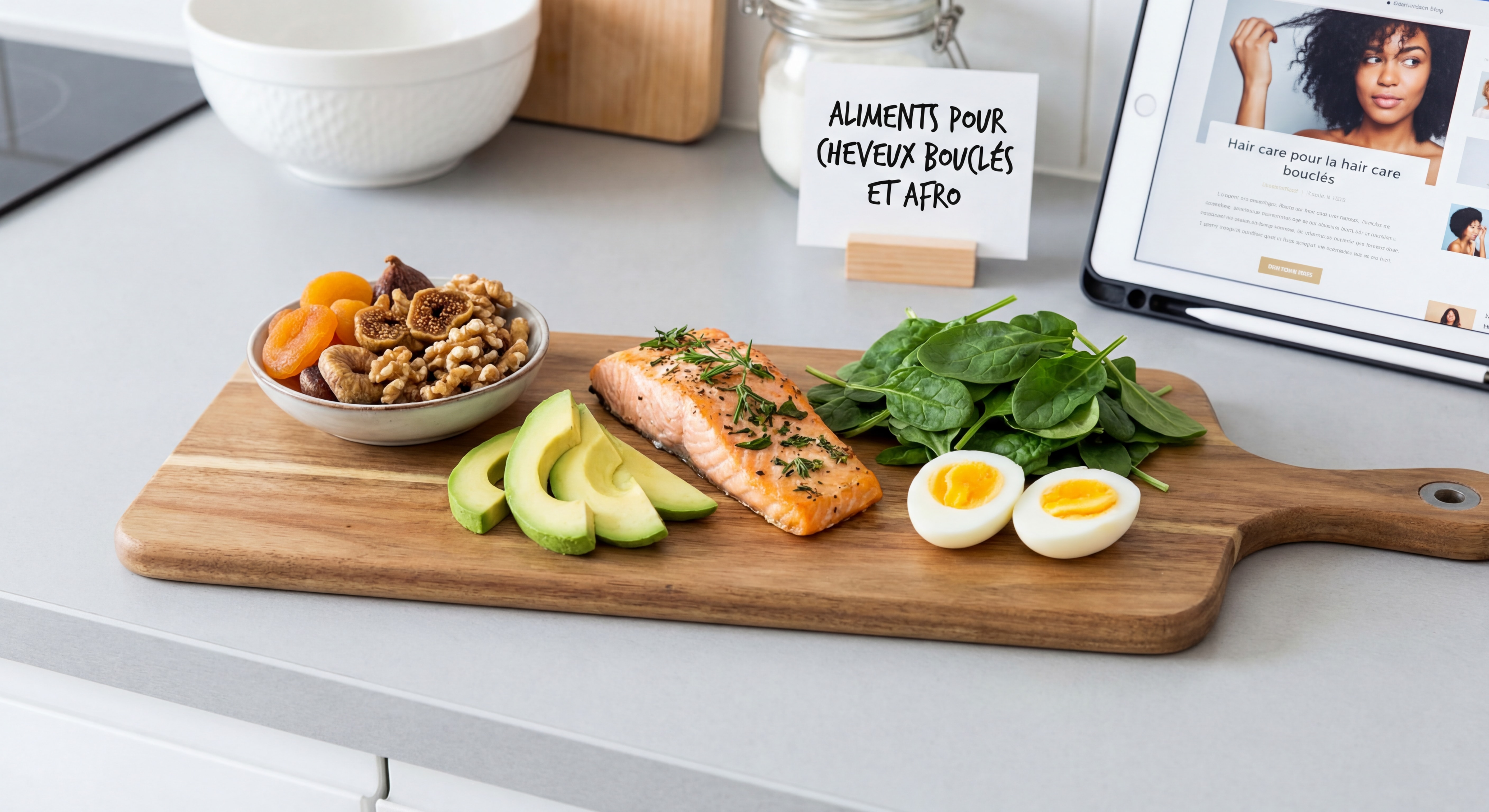 planche de fruits secs, avocat, saumon, épinards et œufs — aliments nutritifs pour la pousse des cheveux bouclés et afro