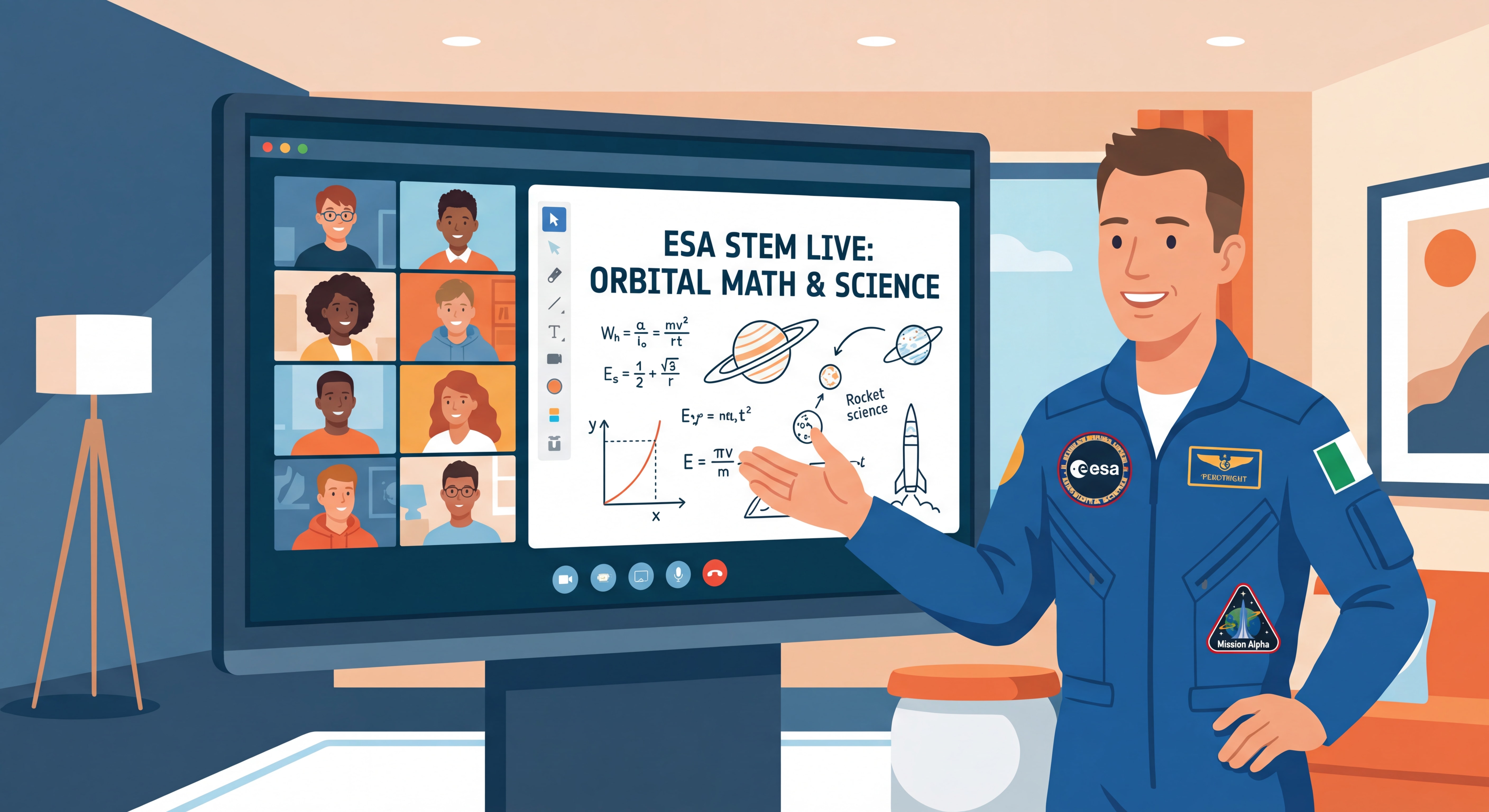 ESA astronaut teaching mathematics and science concepts to students through an online e-learning platform