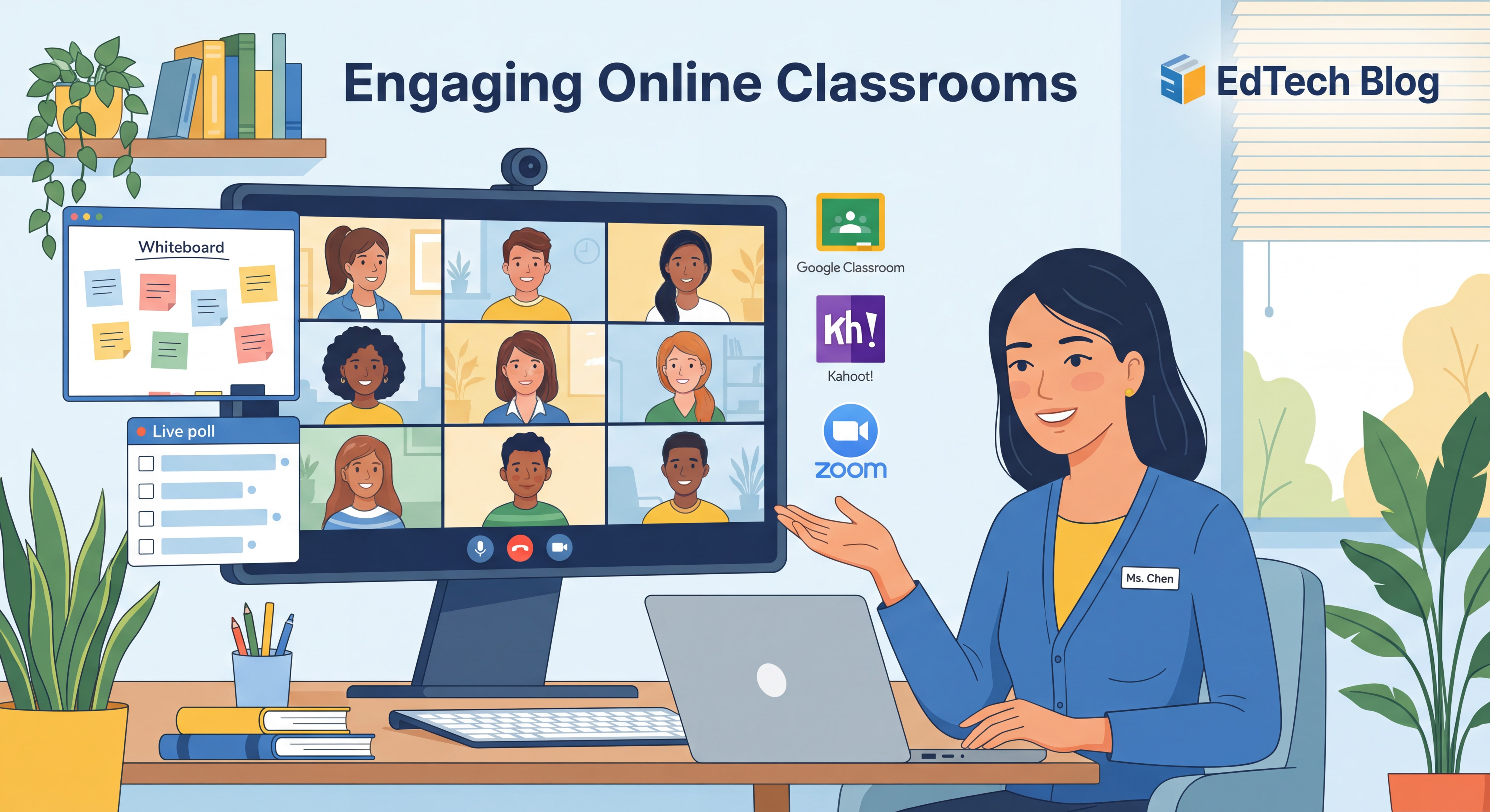 Teacher engaging students in a live online classroom session with digital tools and e-learning platforms on screen