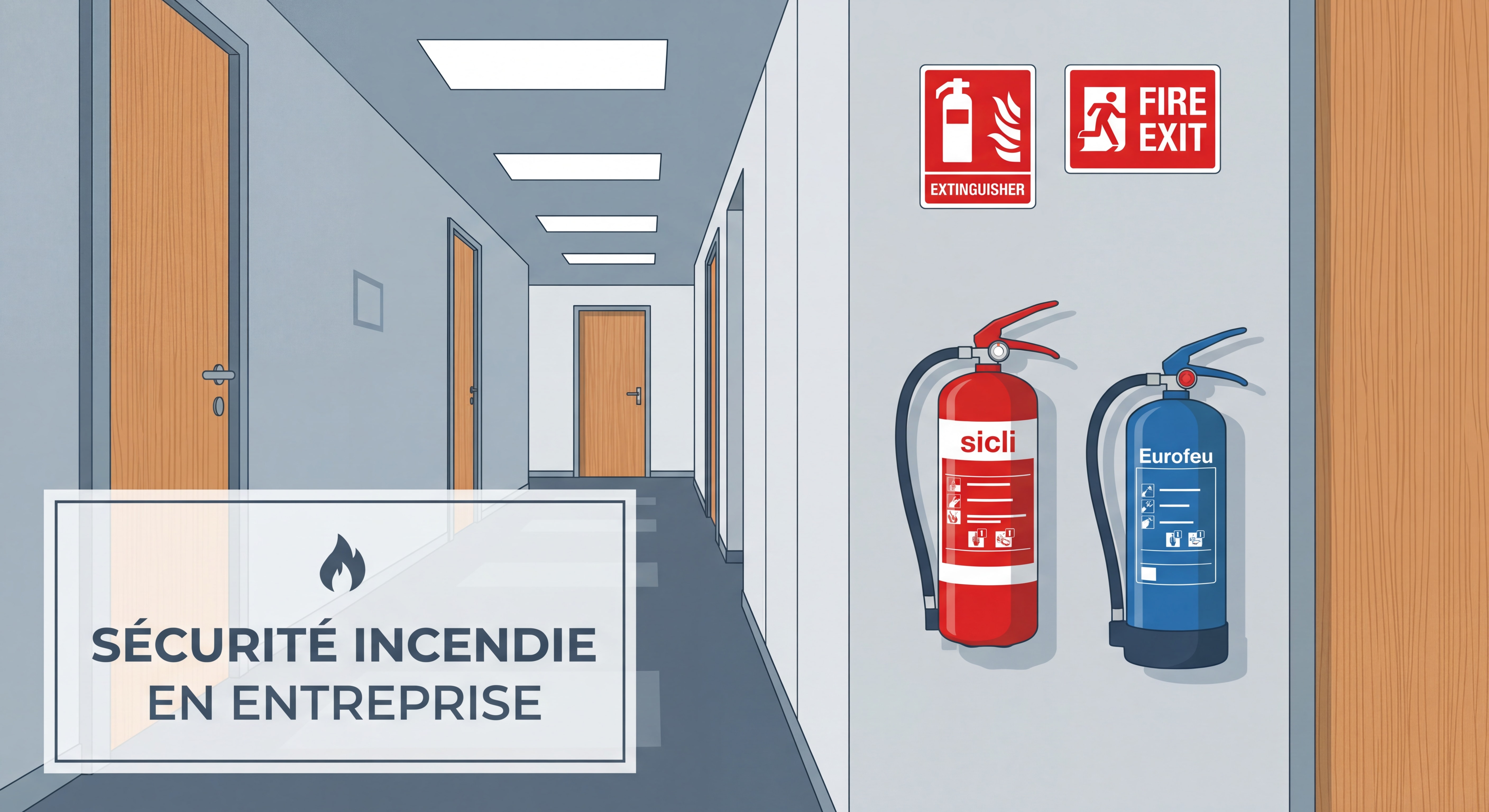 Extincteur Sicli et Eurofeu installés dans un couloir professionnel avec signalétique incendie visible - sécurité incendie en entreprise