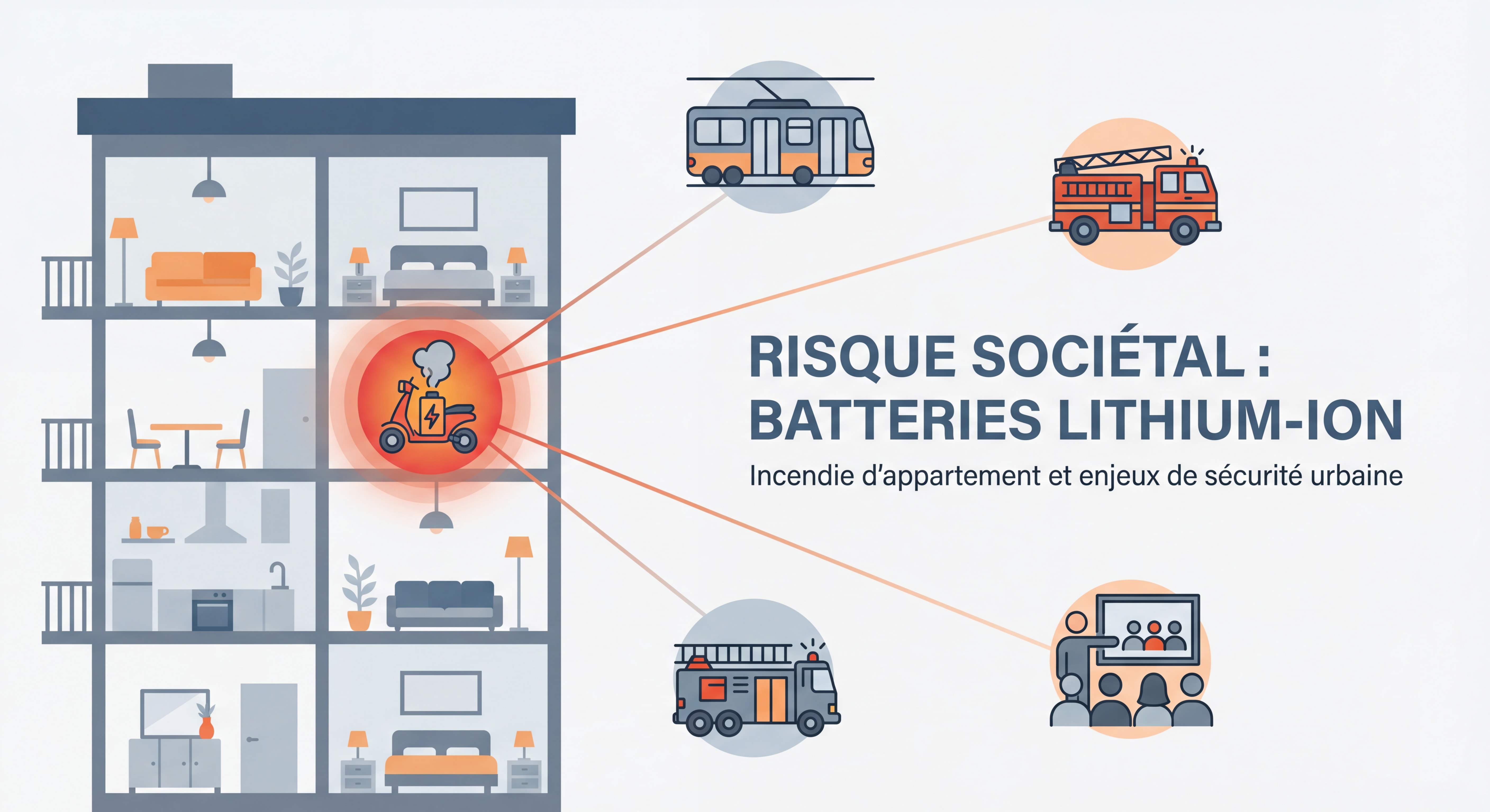 Incendie d'appartement causé par une batterie lithium-ion de trottinette électrique, illustration symbolisant le risque sociétal des batteries lithium