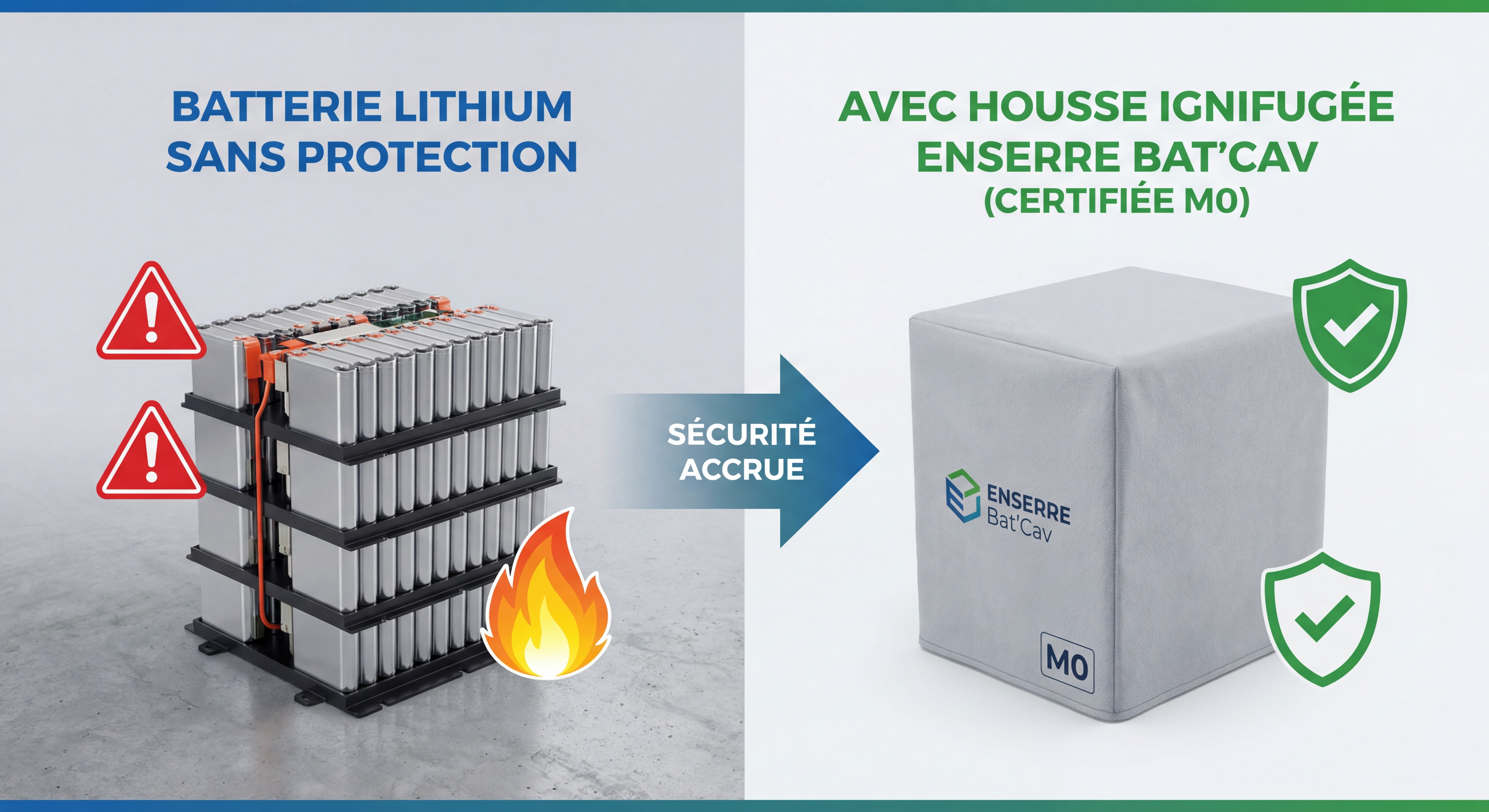 Comparaison technique entre stockage batterie lithium sans protection et avec housse ignifugée ENSERRE Bat'Cav certifiée M0