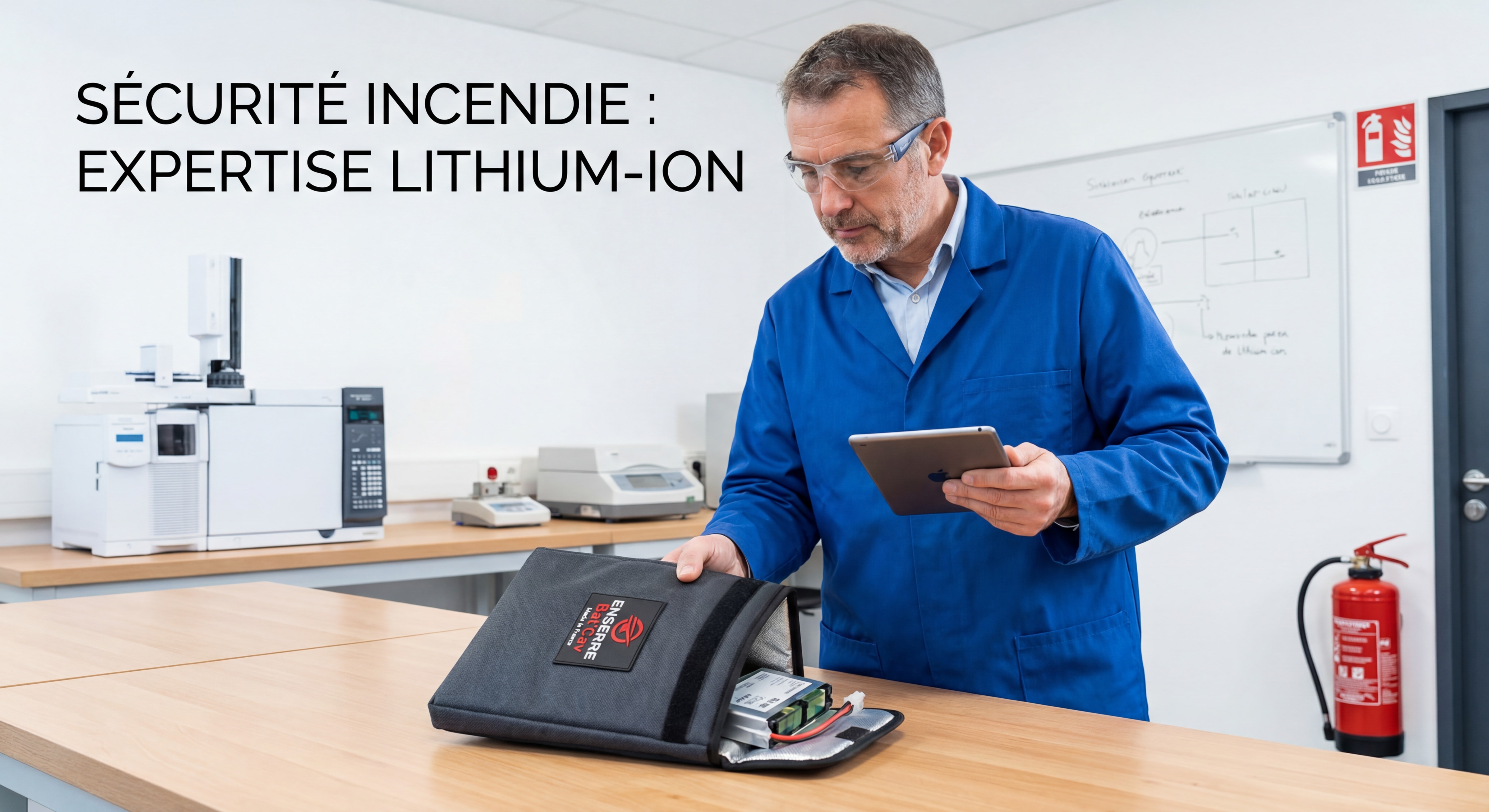 Expert en sécurité incendie analysant une batterie lithium-ion avec housse de protection ignifugée ENSERRE Bat'Cav Made in France