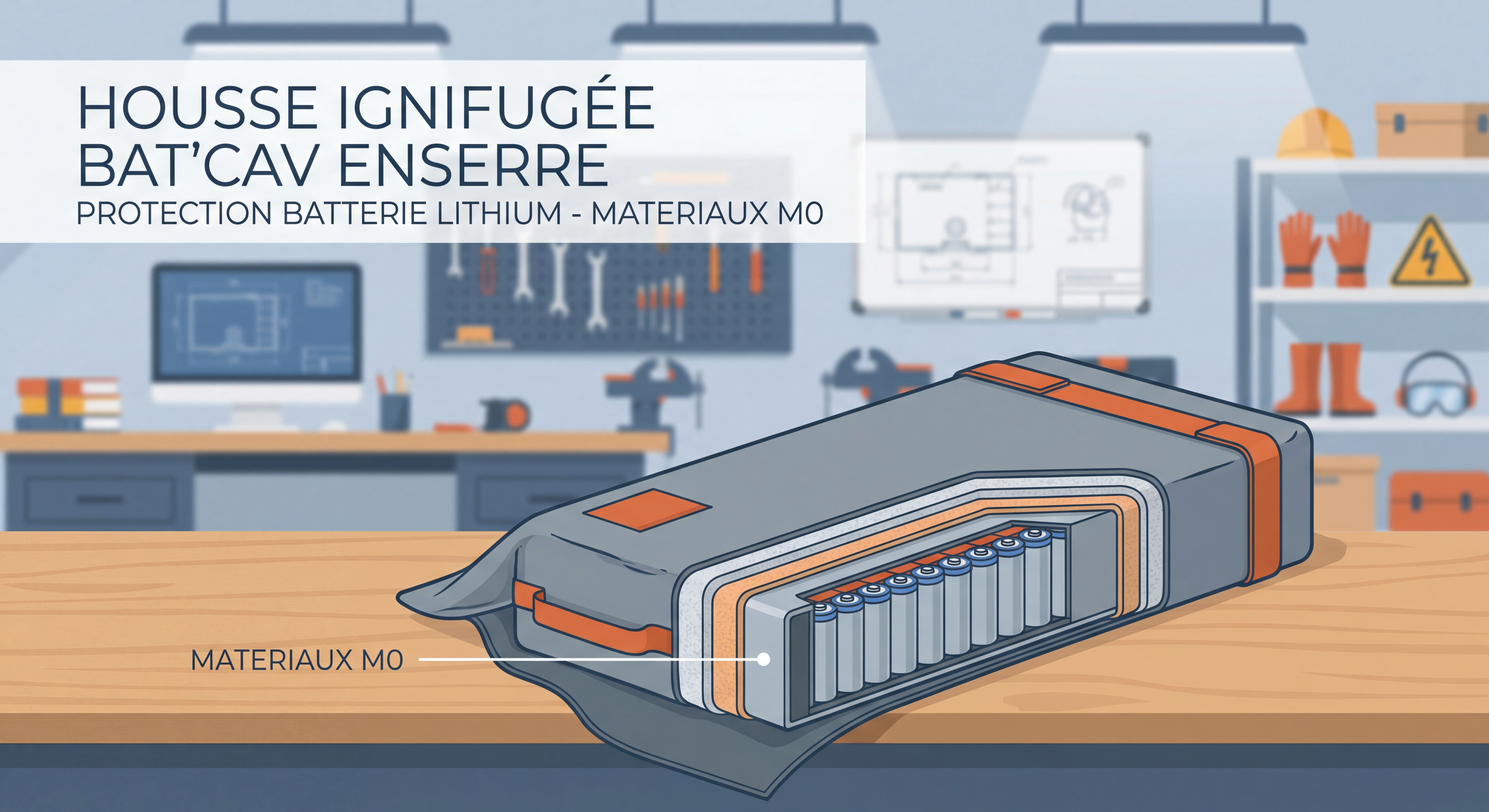 Housse ignifugée Bat'Cav ENSERRE pour batterie lithium posée sur un établi avec matériaux M0 visibles en coupe, fond atelier professionnel