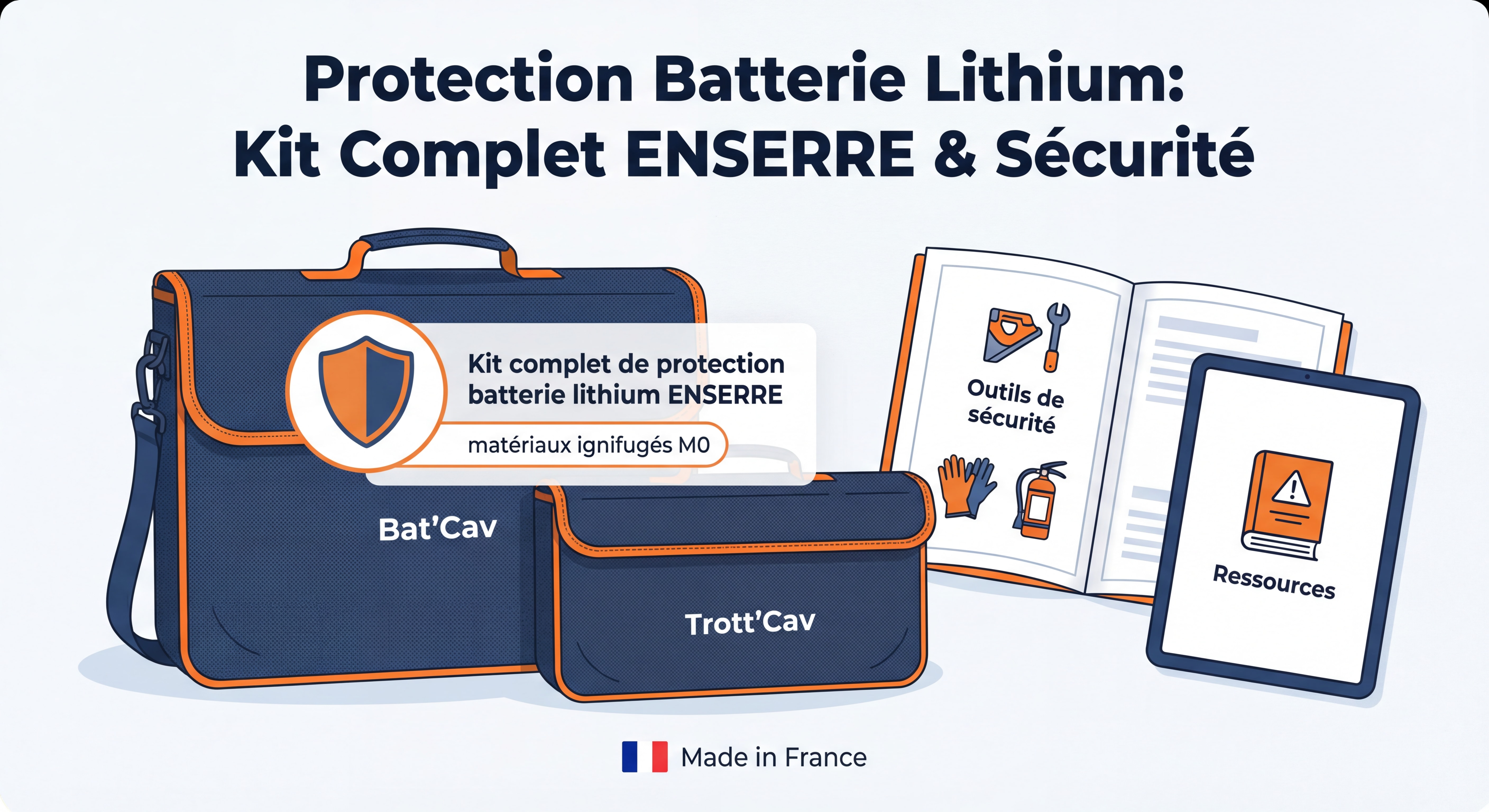 Kit complet de protection batterie lithium ENSERRE - housses Bat'Cav et Trott'Cav avec matériaux ignifugés M0, Made in France, présentation des outils et ressources de sécurité