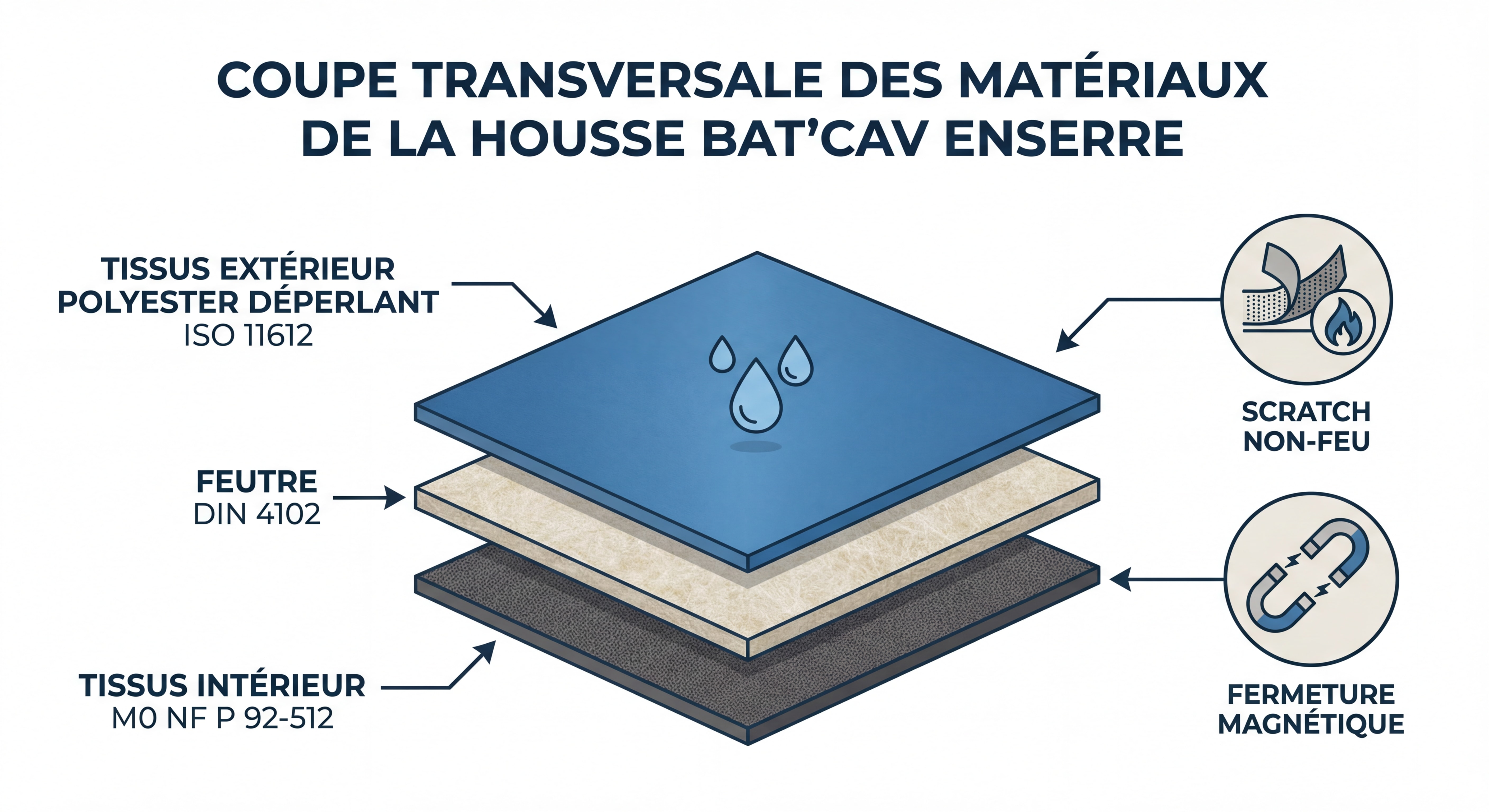 Coupe transversale des matériaux de la housse Bat'Cav ENSERRE - tissus intérieur M0 NF P 92-512, feutre DIN 4102, tissus extérieur polyester déperlant ISO 11612, scratch non-feu et fermeture magnétique