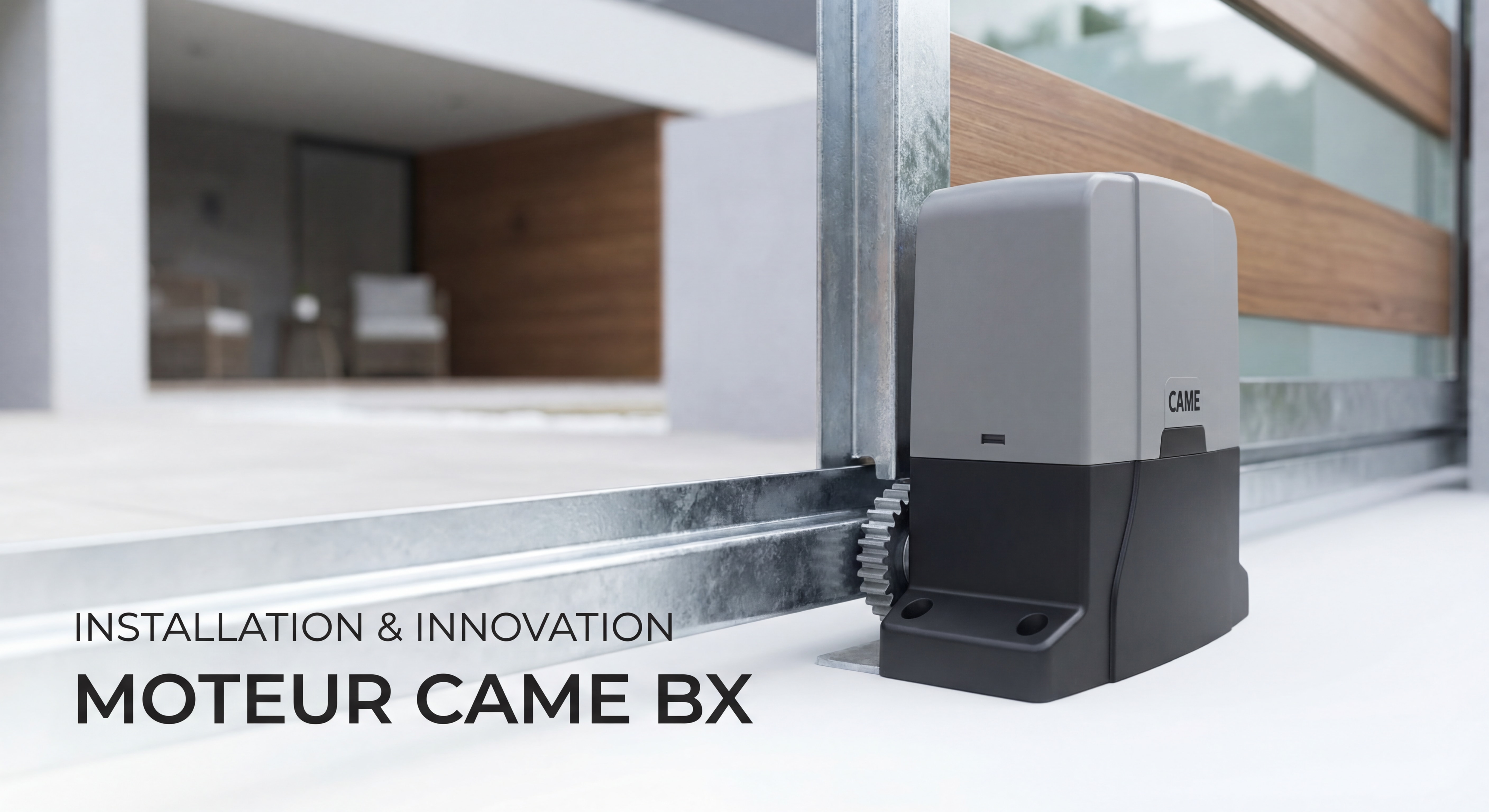 Gros plan sur un moteur CAME BX pour portail coulissant avec rail de guidage en acier galvanisé