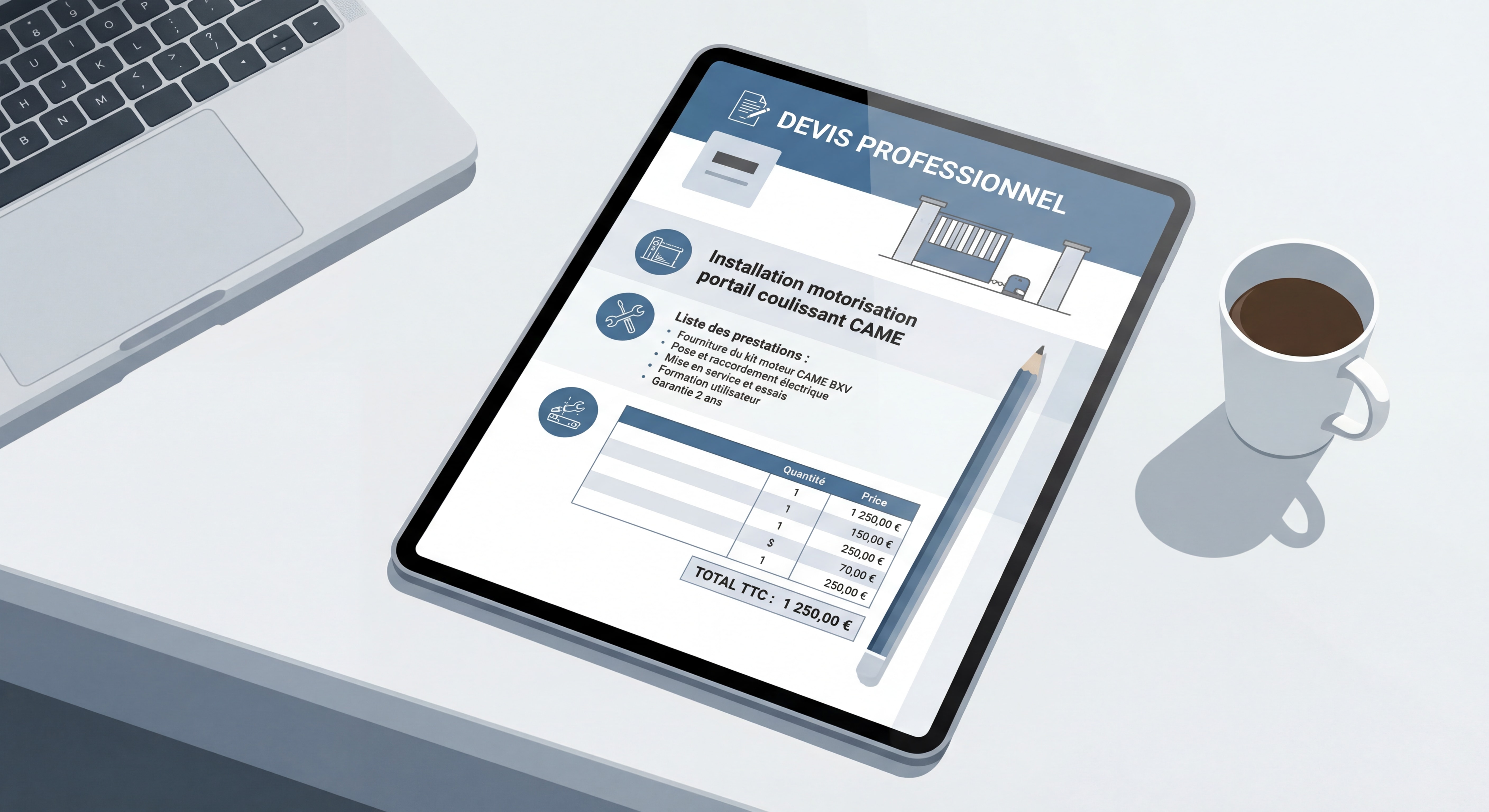 Devis professionnel détaillé pour installation motorisation portail coulissant CAME avec liste des prestations
