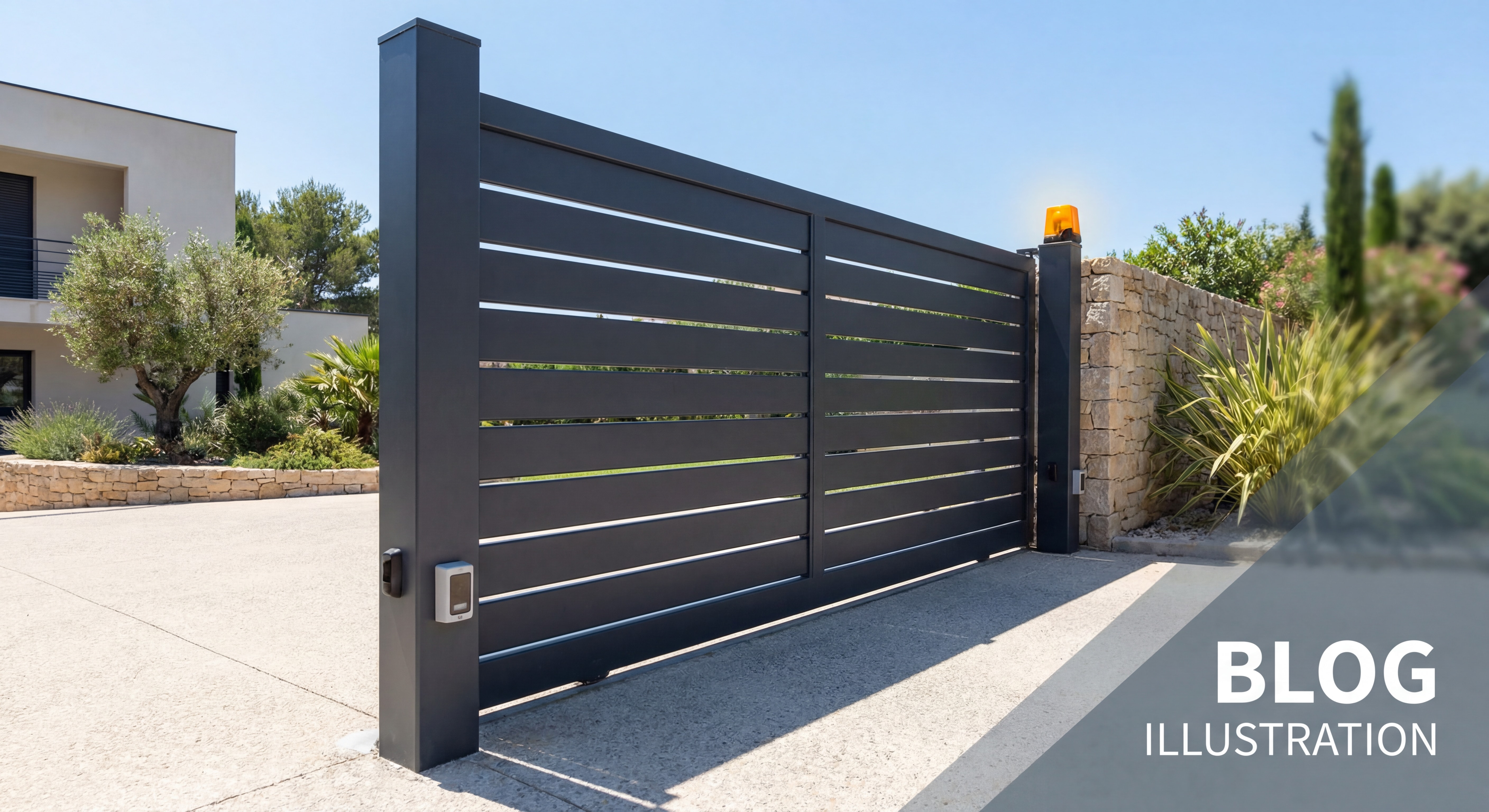 Portail coulissant aluminium sur mesure Marseille avec cellules photoélectriques visibles et feu clignotant orange installé