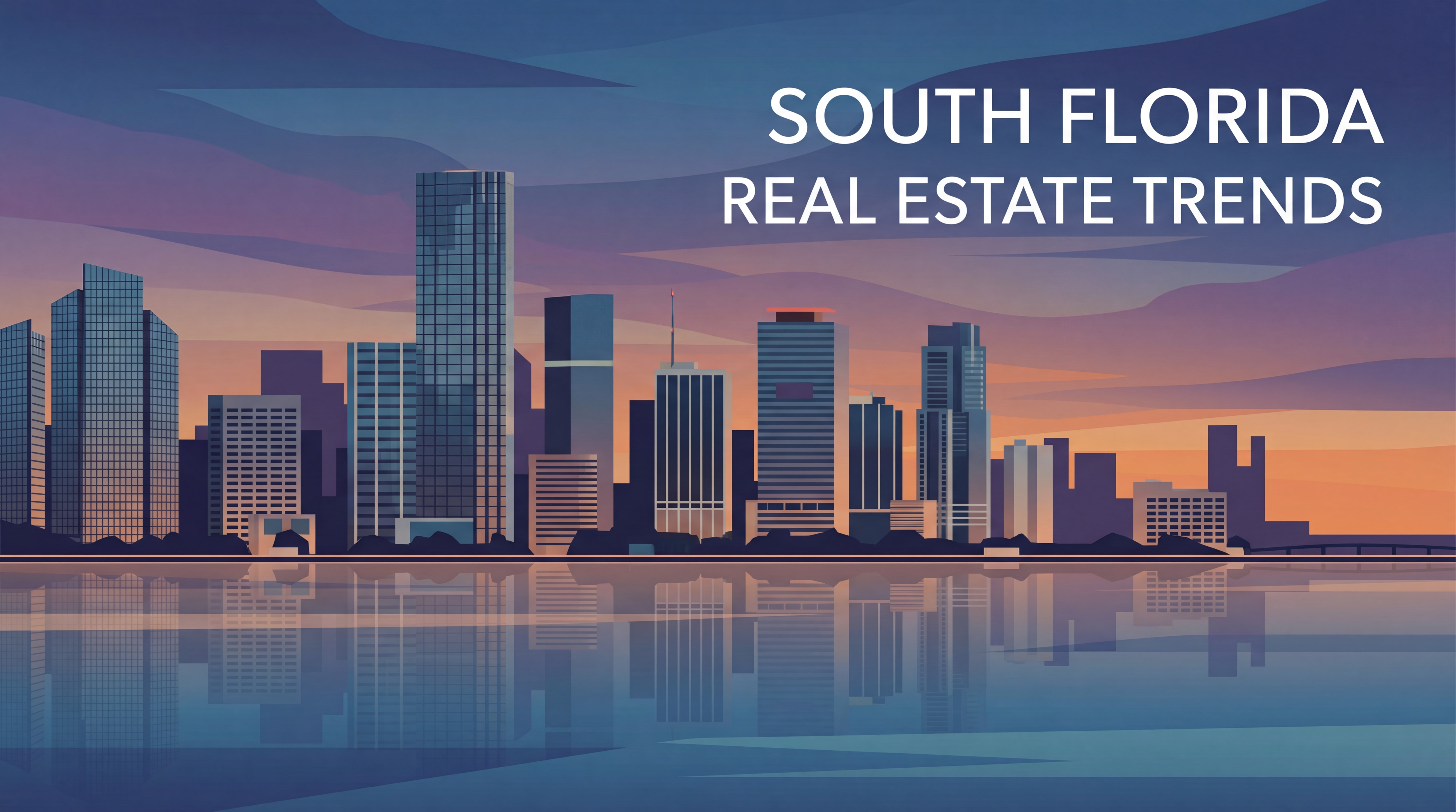 Miami skyline at dusk with Brickell waterfront reflecting in Biscayne Bay, iconic South Florida real estate landscape