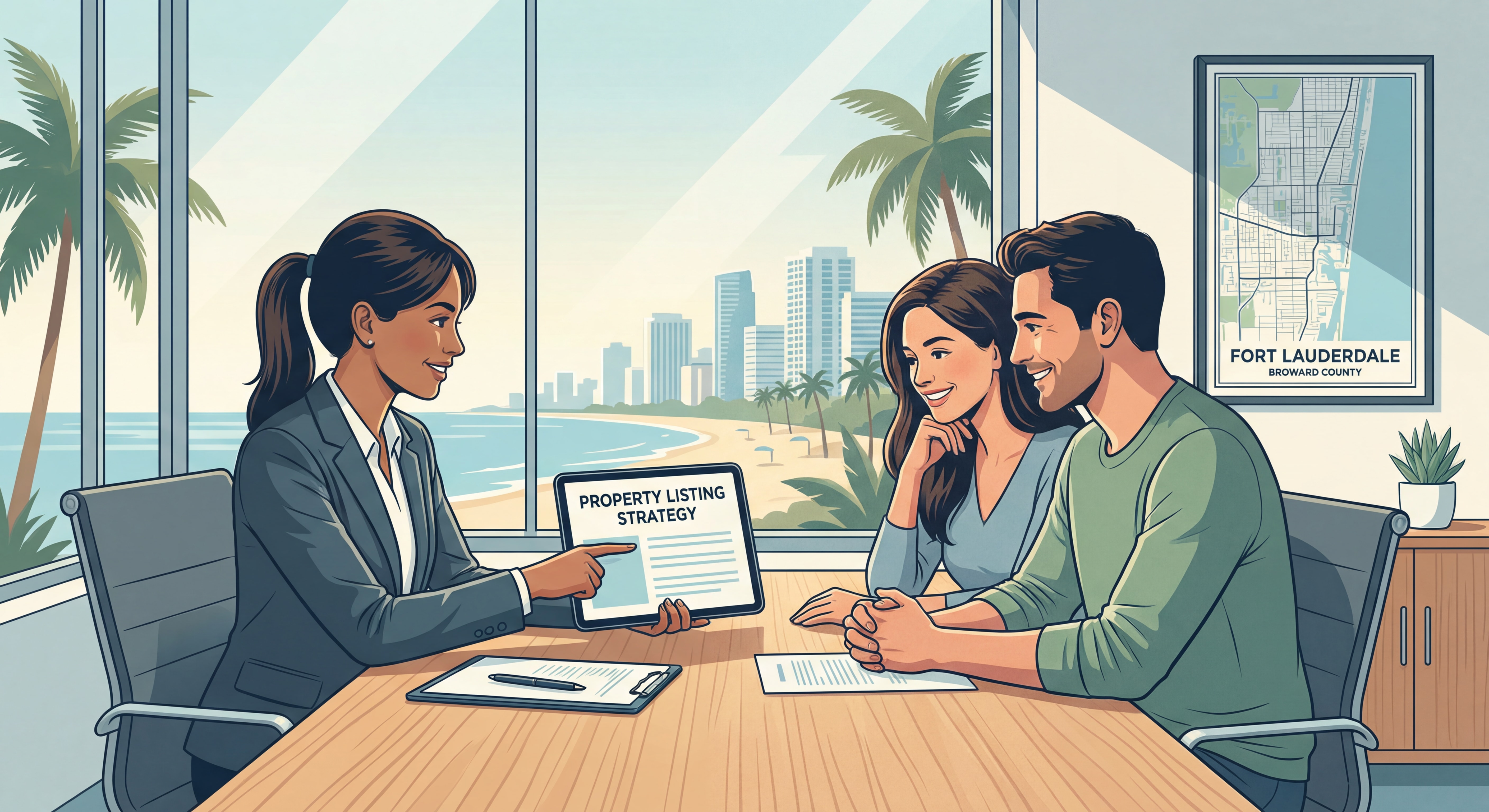 Professional real estate agent reviewing property listing strategy with sellers in Fort Lauderdale Broward County office