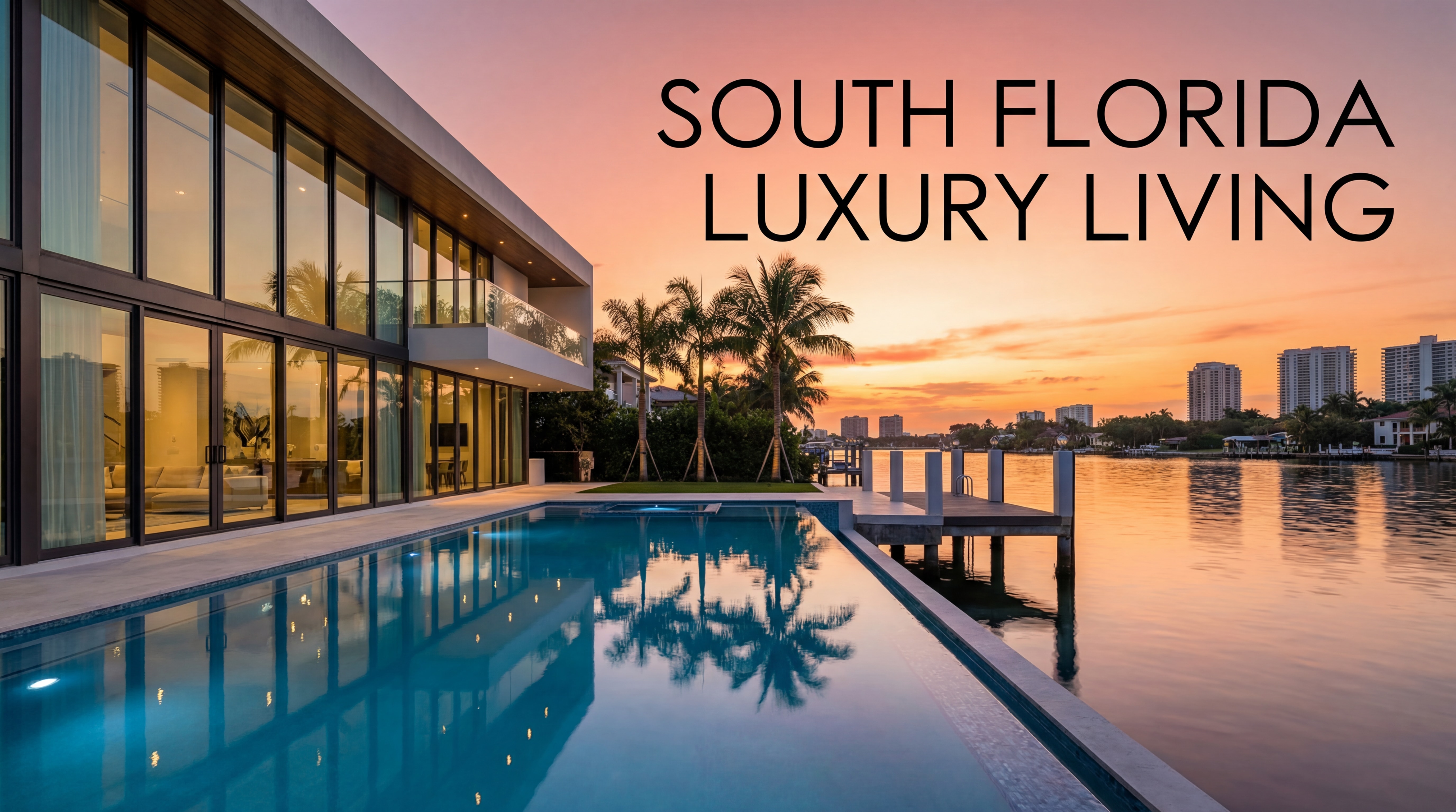 Stunning waterfront luxury home in Miami-Dade County at sunset, professional real estate photography South Florida