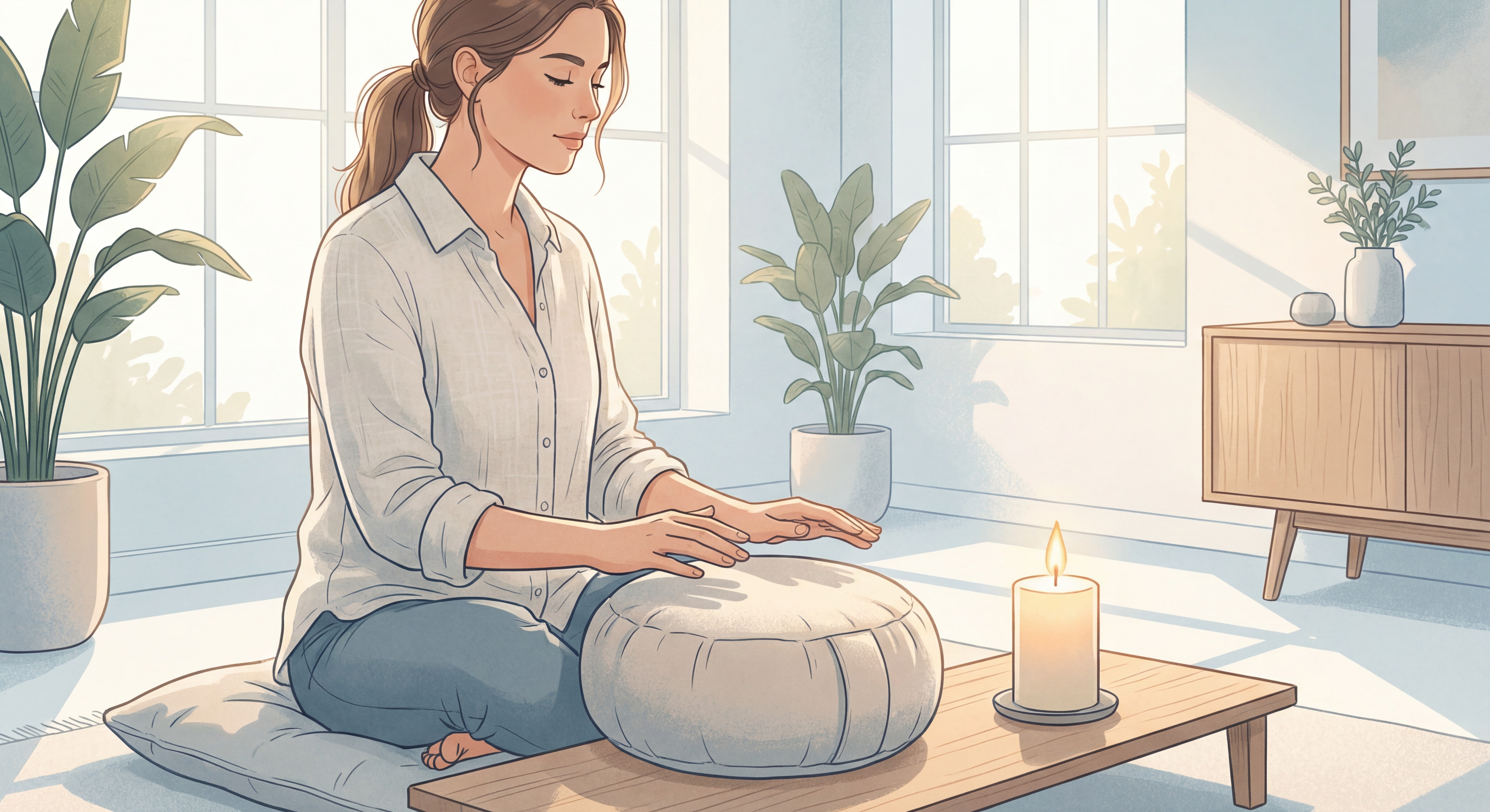 Femme pratiquant le Reiki à distance, pratique énergétique corps et esprit depuis chez soi