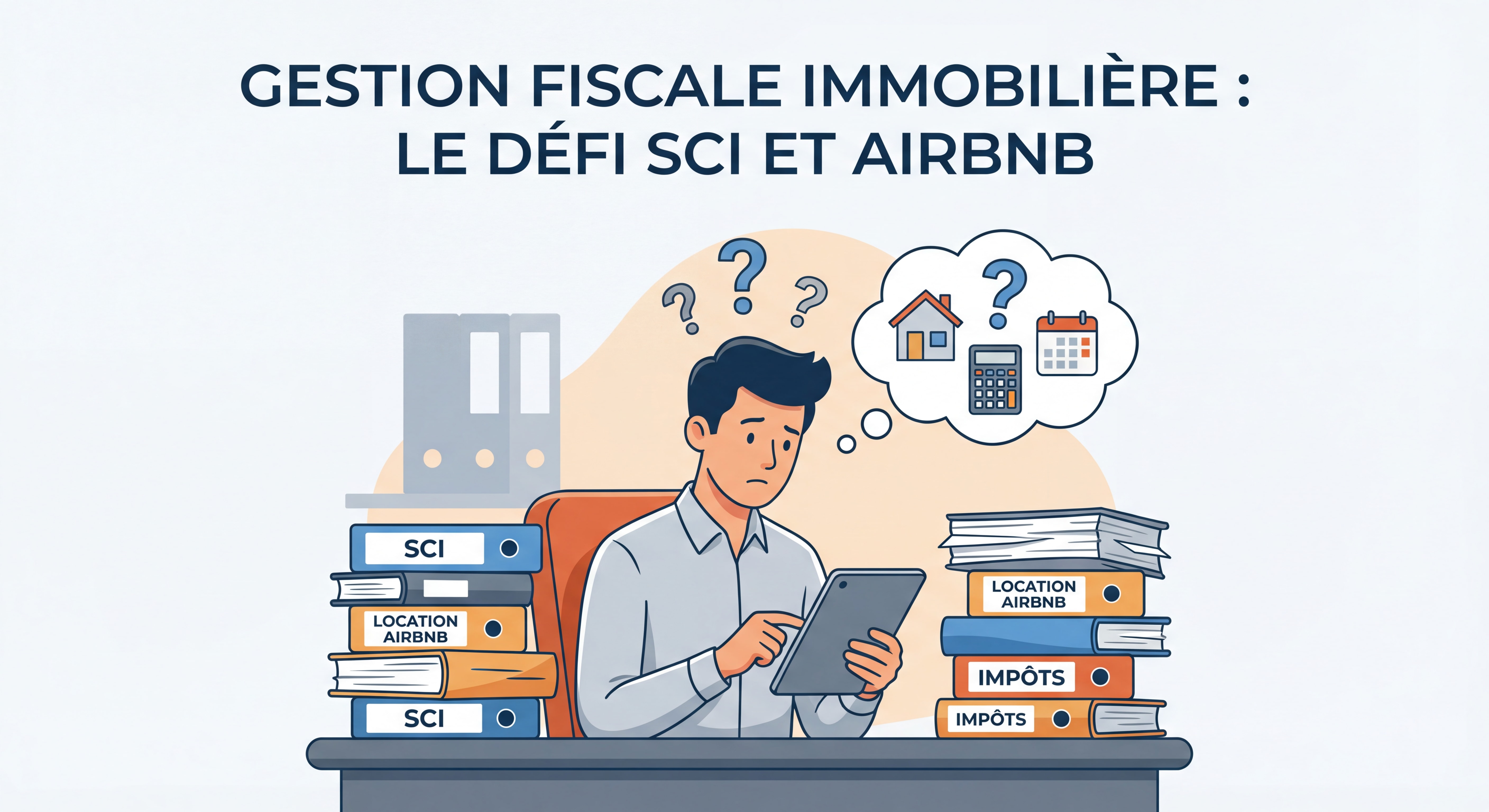 Propriétaire immobilier face à des documents fiscaux complexes liés à la SCI et la location Airbnb
