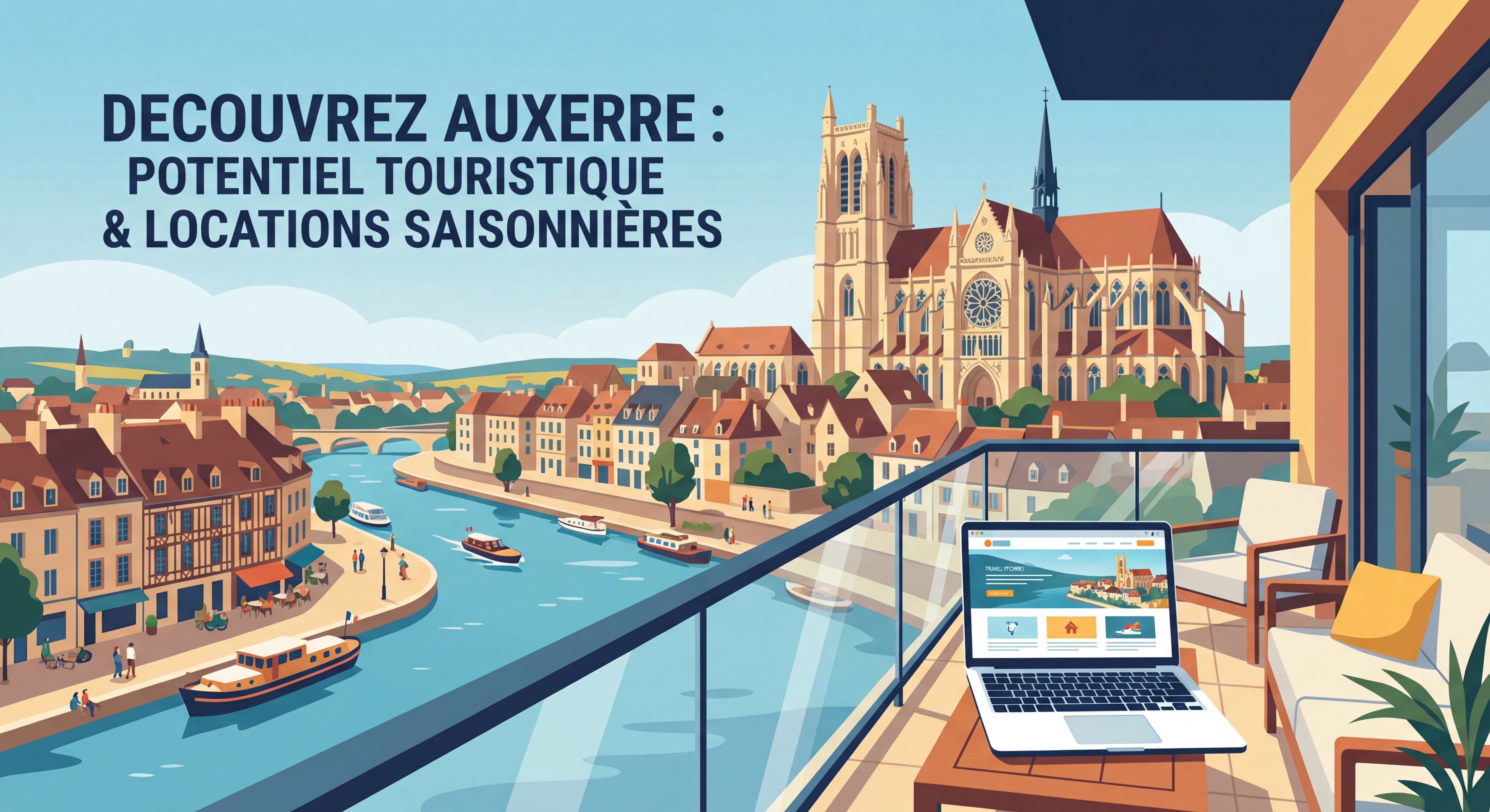 Vue panoramique d'Auxerre avec la cathédrale Saint-Étienne en arrière-plan, illustrant le potentiel touristique de la ville pour la location saisonnière