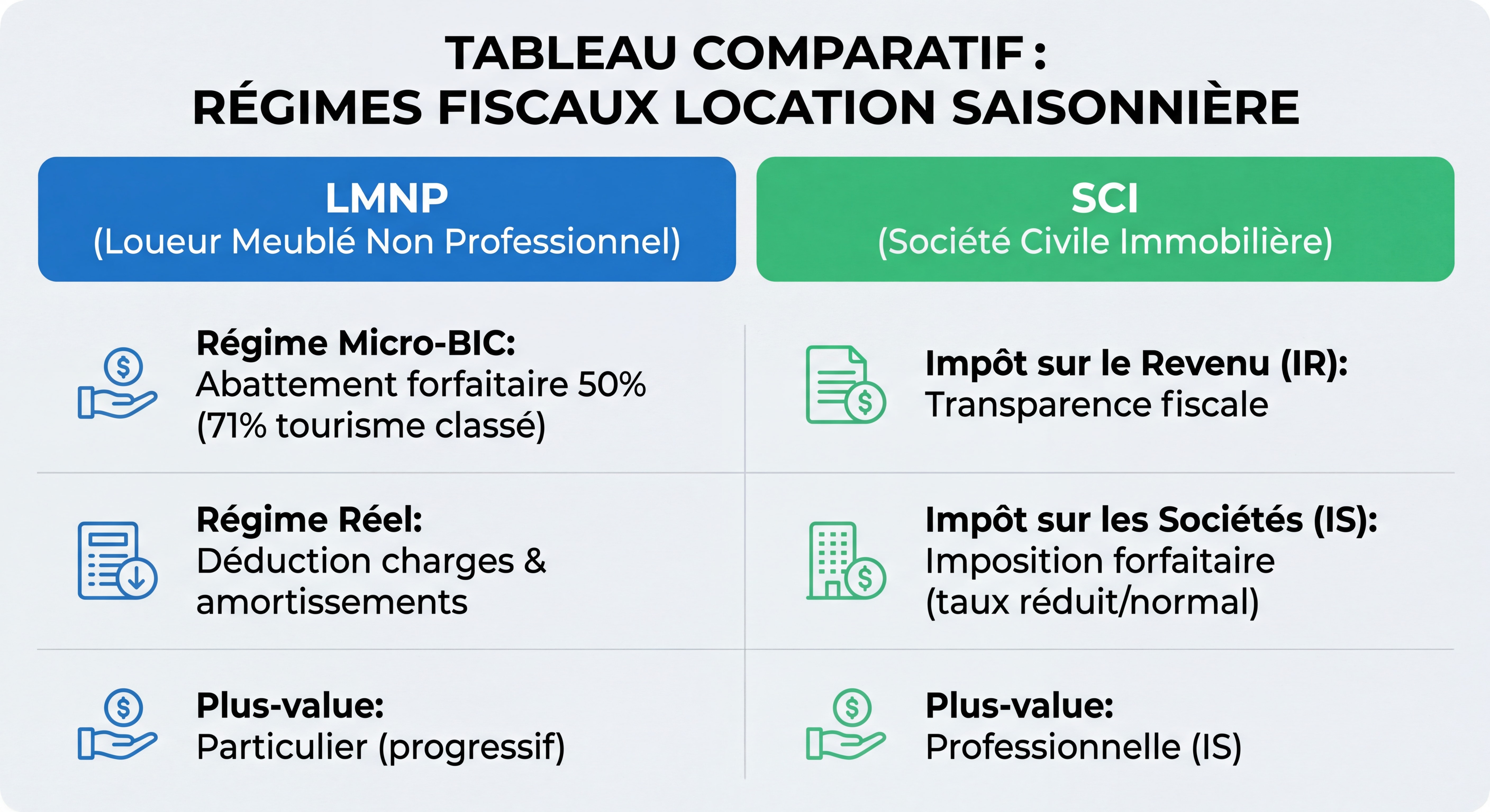 Tableau comparatif des régimes fiscaux LMNP versus SCI pour la location saisonnière