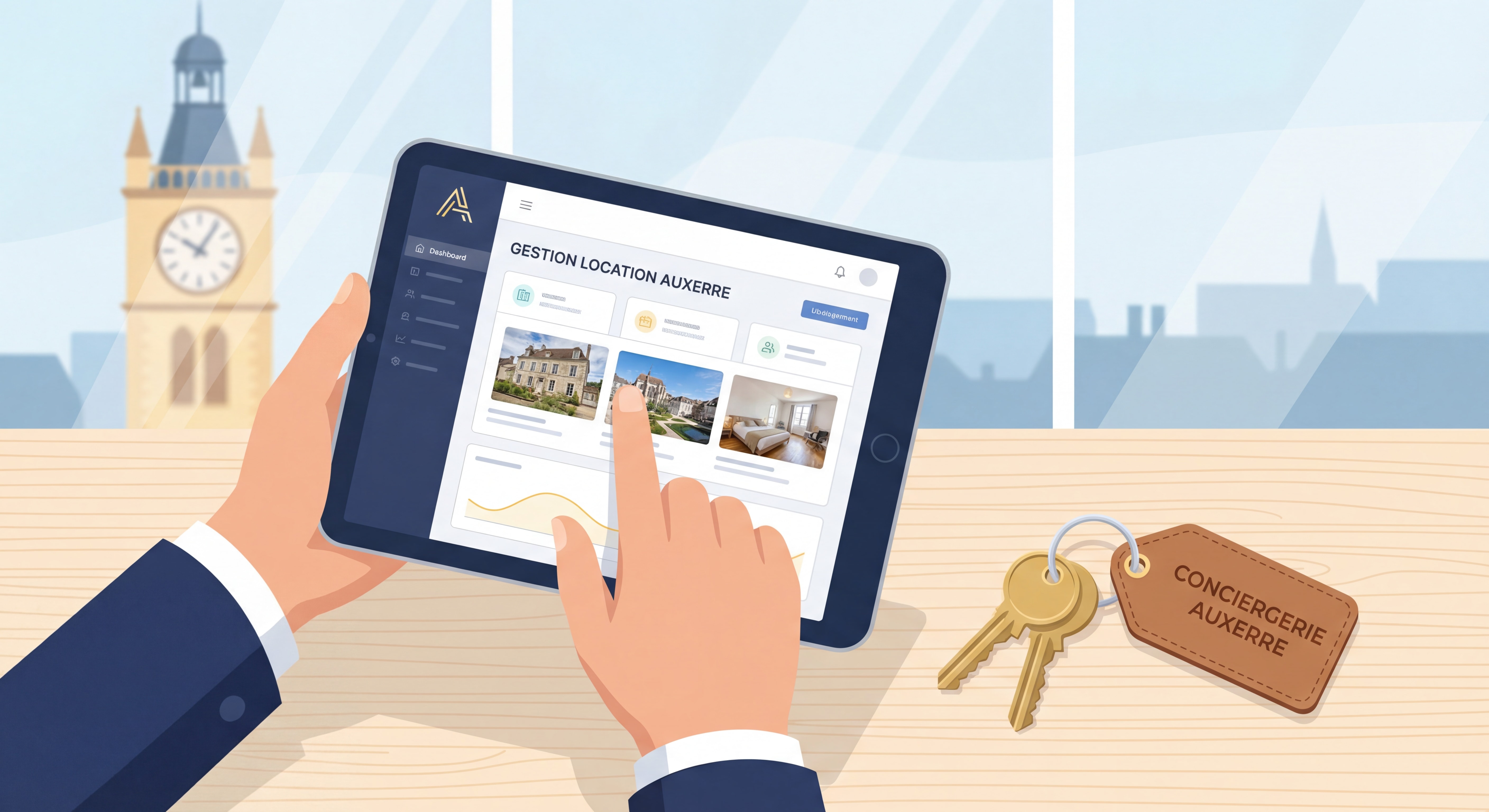 Conciergerie professionnelle gérant une location saisonnière à Auxerre avec tablette et clés de logement