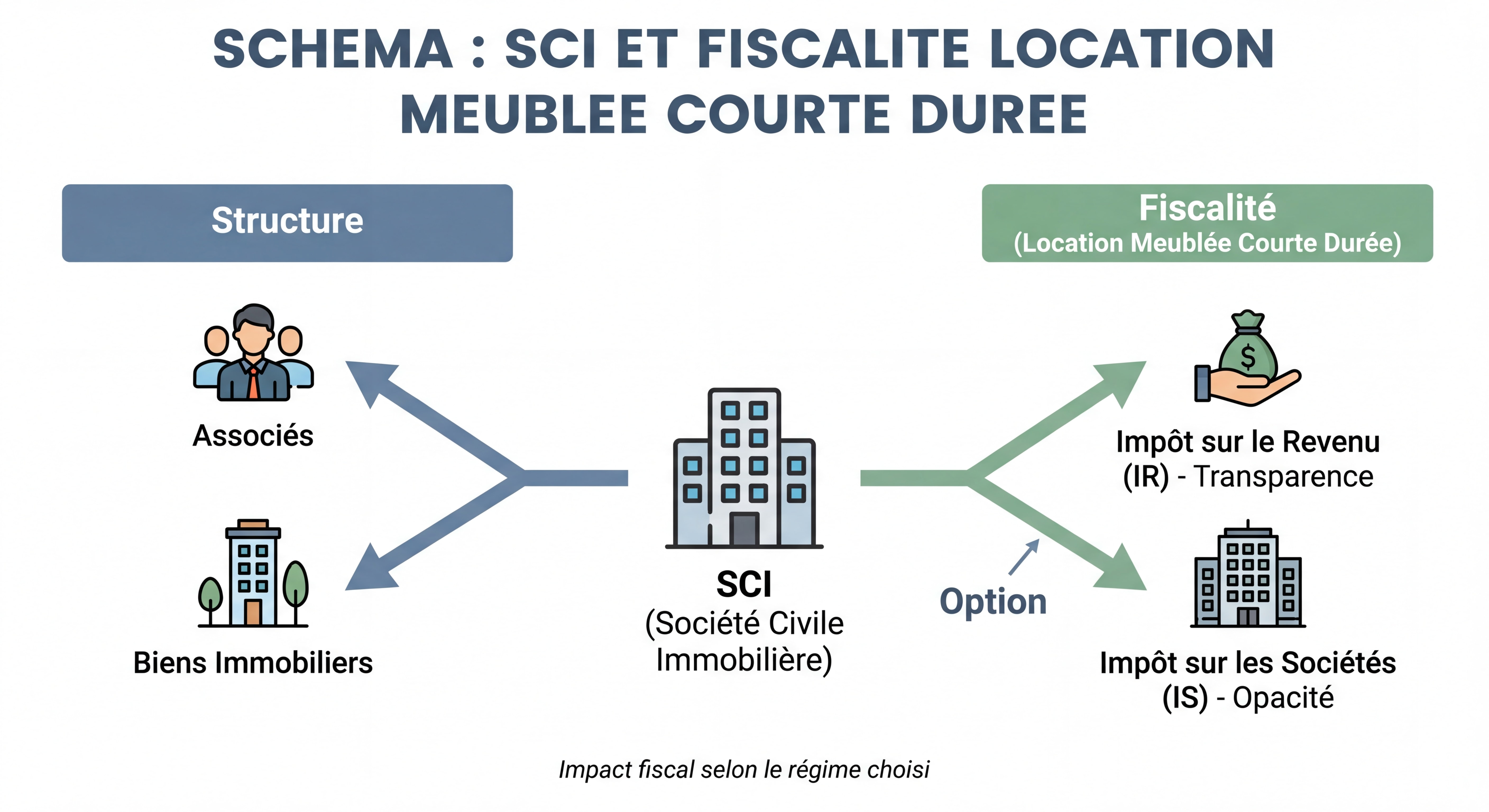 Schéma illustrant la structure d'une SCI face à la fiscalité de la location meublée courte durée