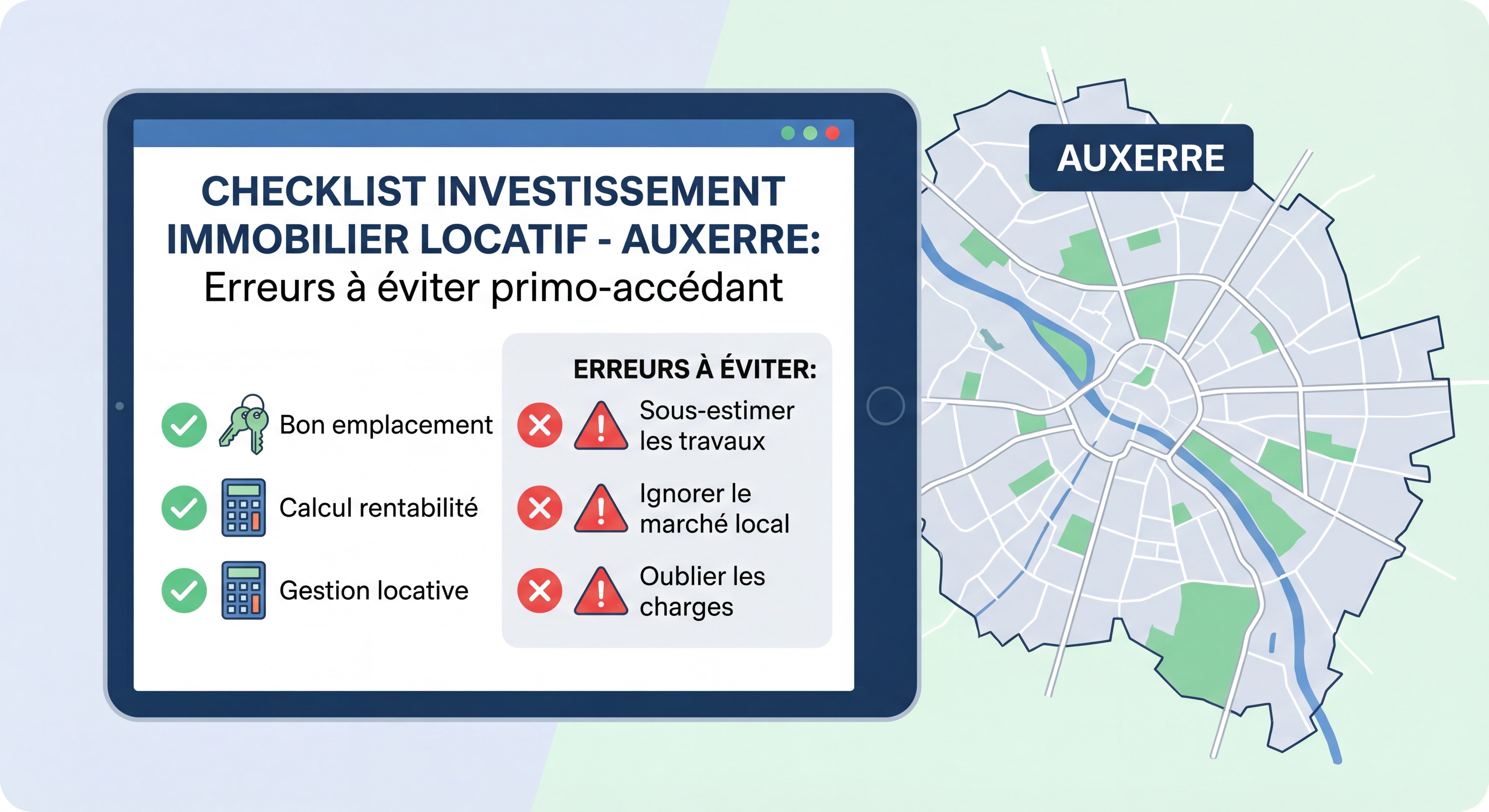 Checklist investissement immobilier locatif Auxerre, erreurs à éviter primo-accédant
