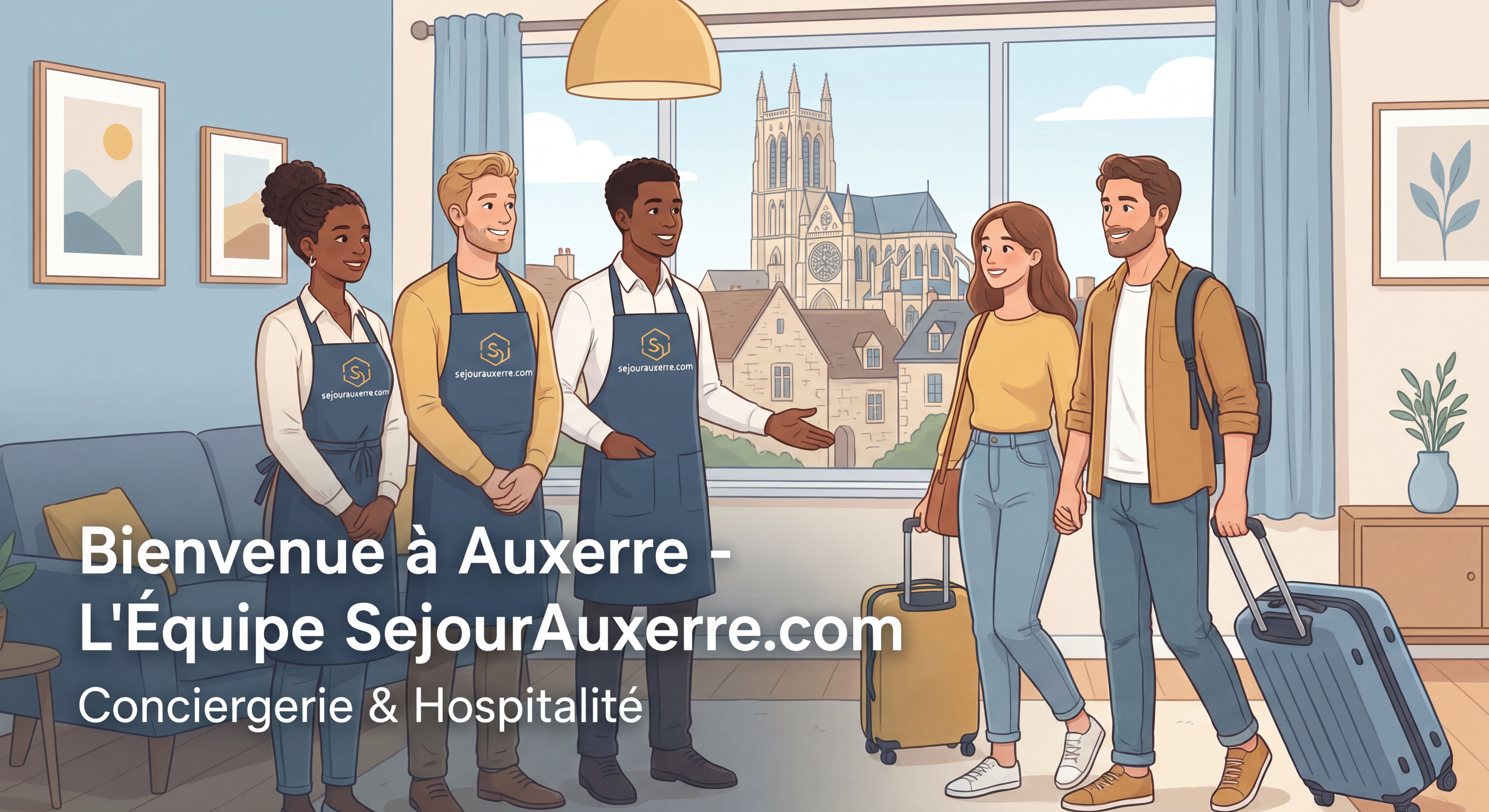 Équipe de la conciergerie sejouraauxerre.com accueillant des voyageurs dans un appartement auxerrois